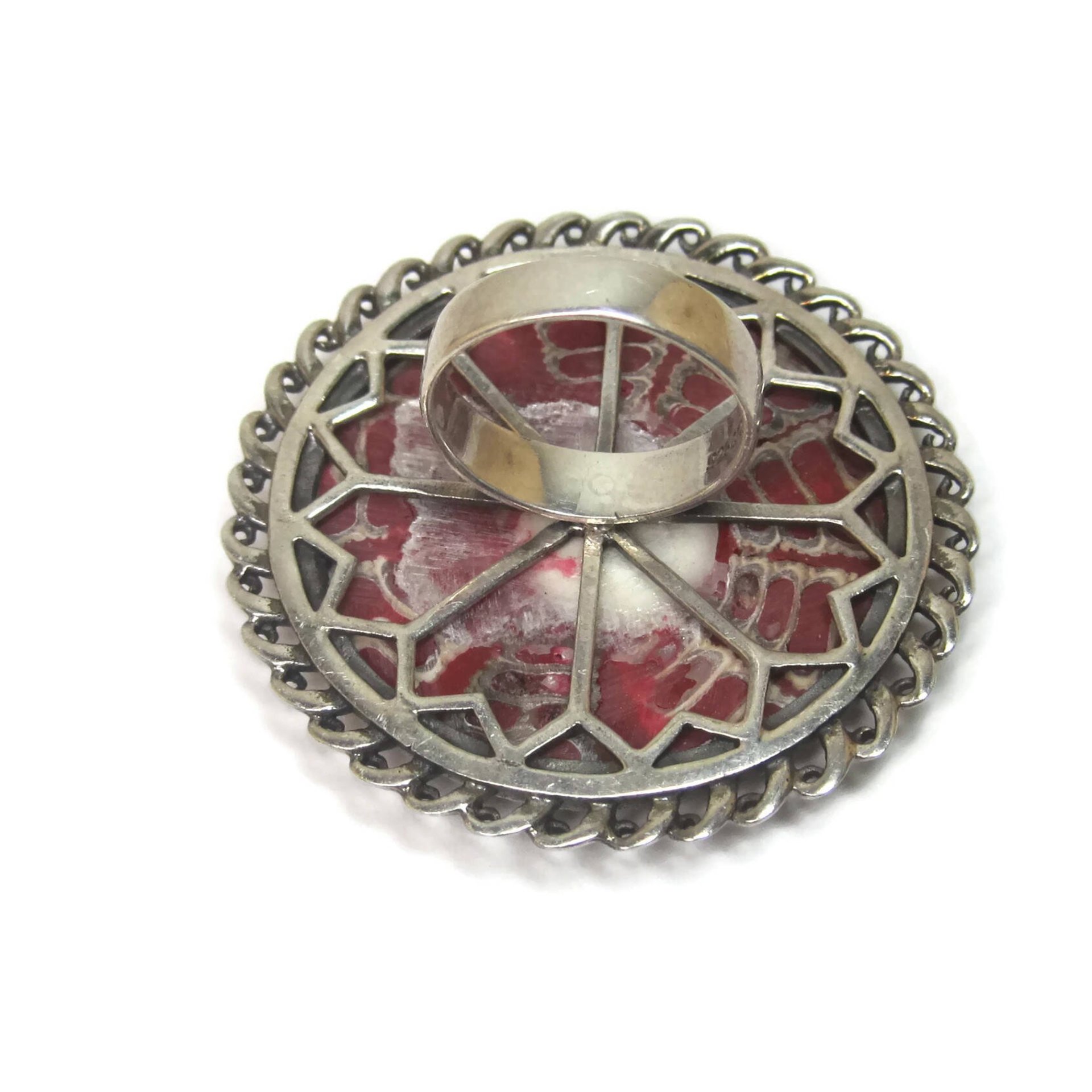 Huge Estate Sterling Red Shell Ring Size 7.5