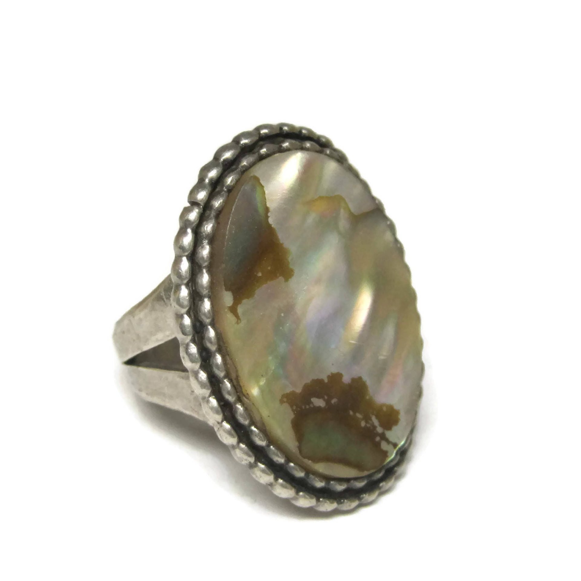 Large Vintage Sterling Abalone Ring Size 7