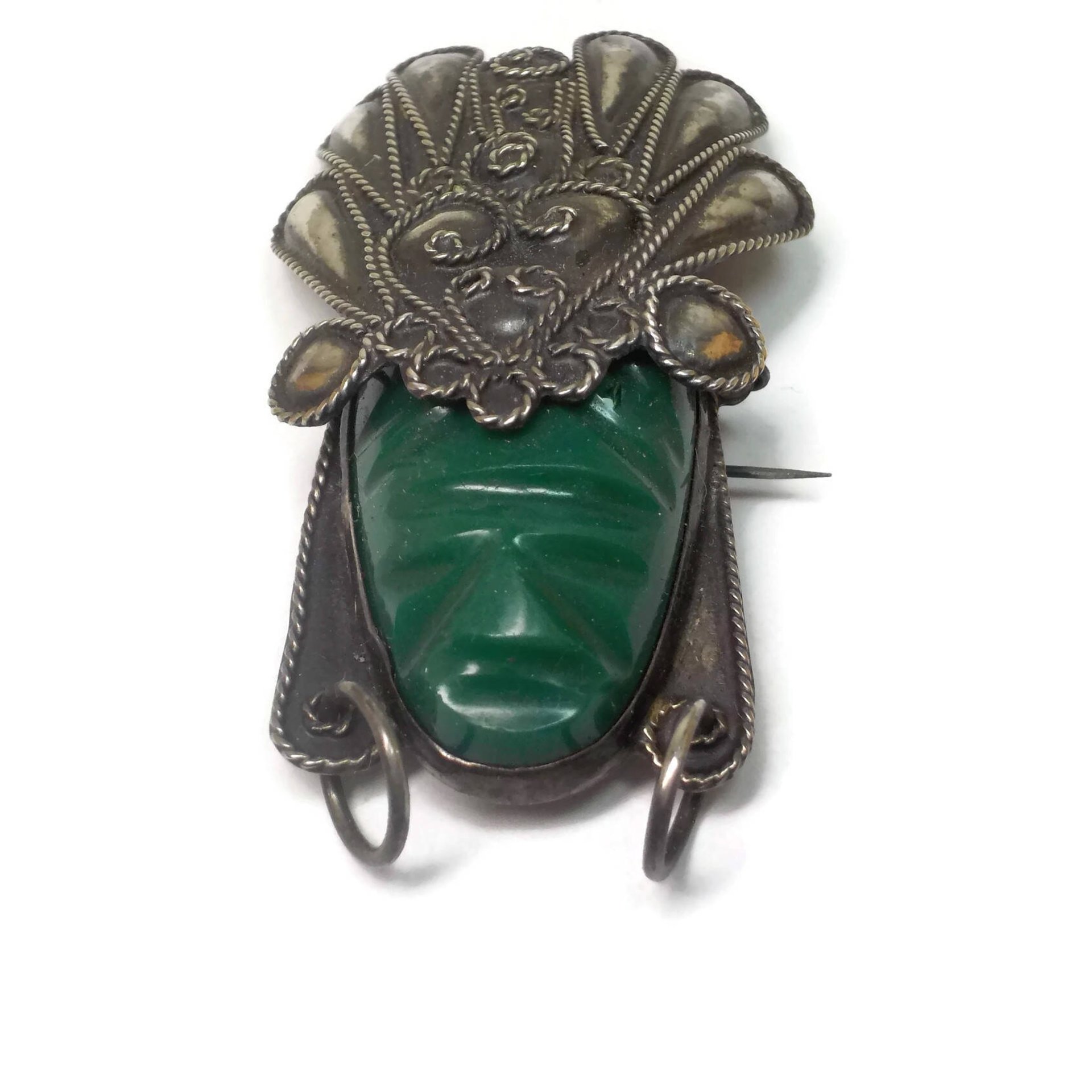 Vintage Mexican Sterling Mayan Mask Brooch AIM