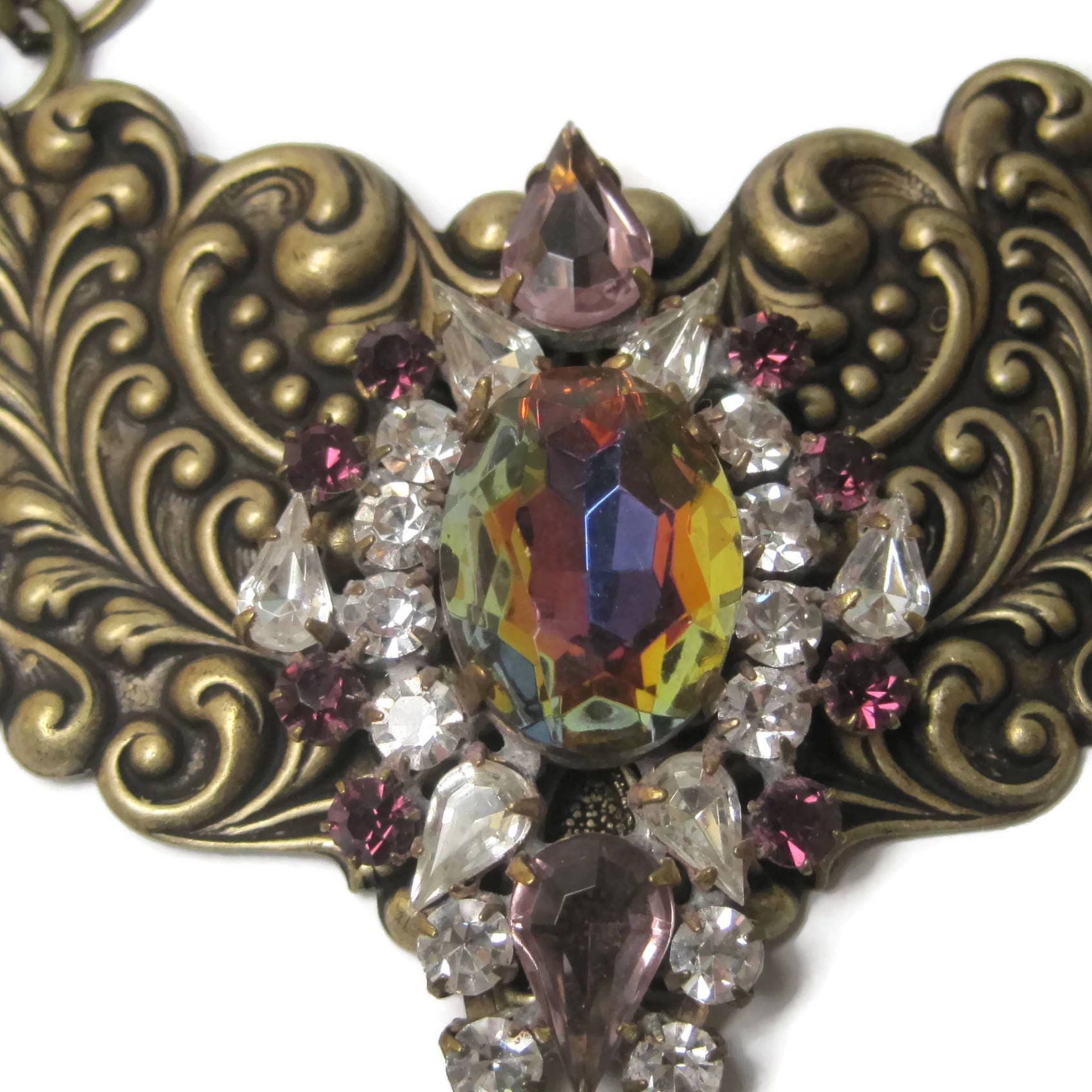 Vintage Brass Rhinestone Runway Bib Necklace