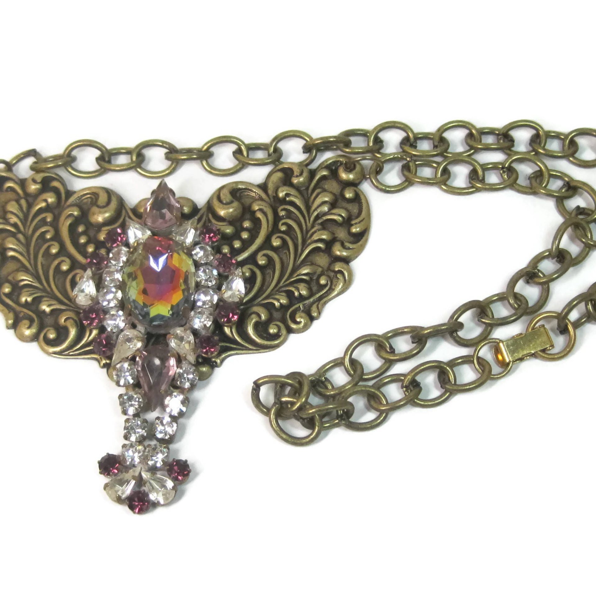 Vintage Brass Rhinestone Runway Bib Necklace