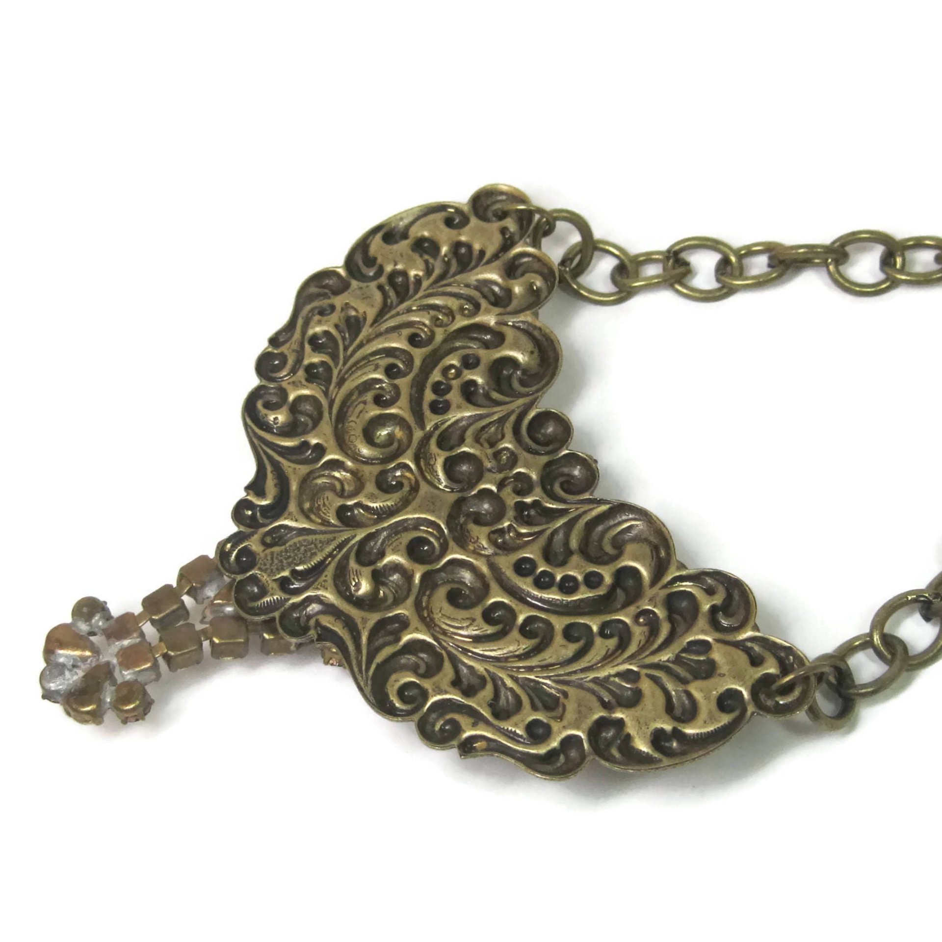 Vintage Brass Rhinestone Runway Bib Necklace