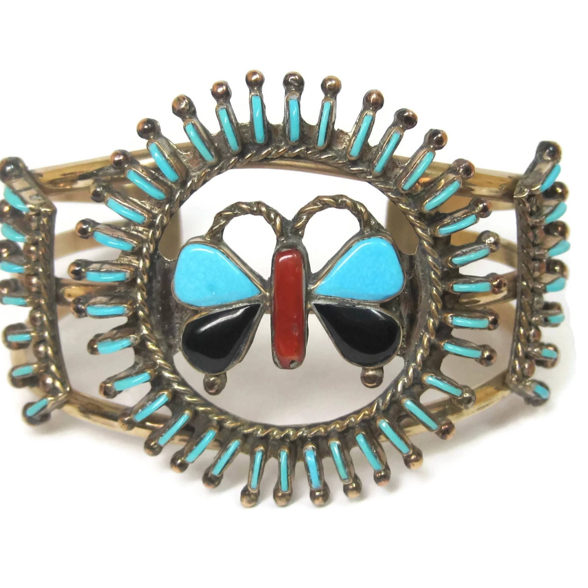 Native American Needlepoint Turquoise Inlay Butterfly Cuff Bracelet 6.25 Inches Paul Lucario