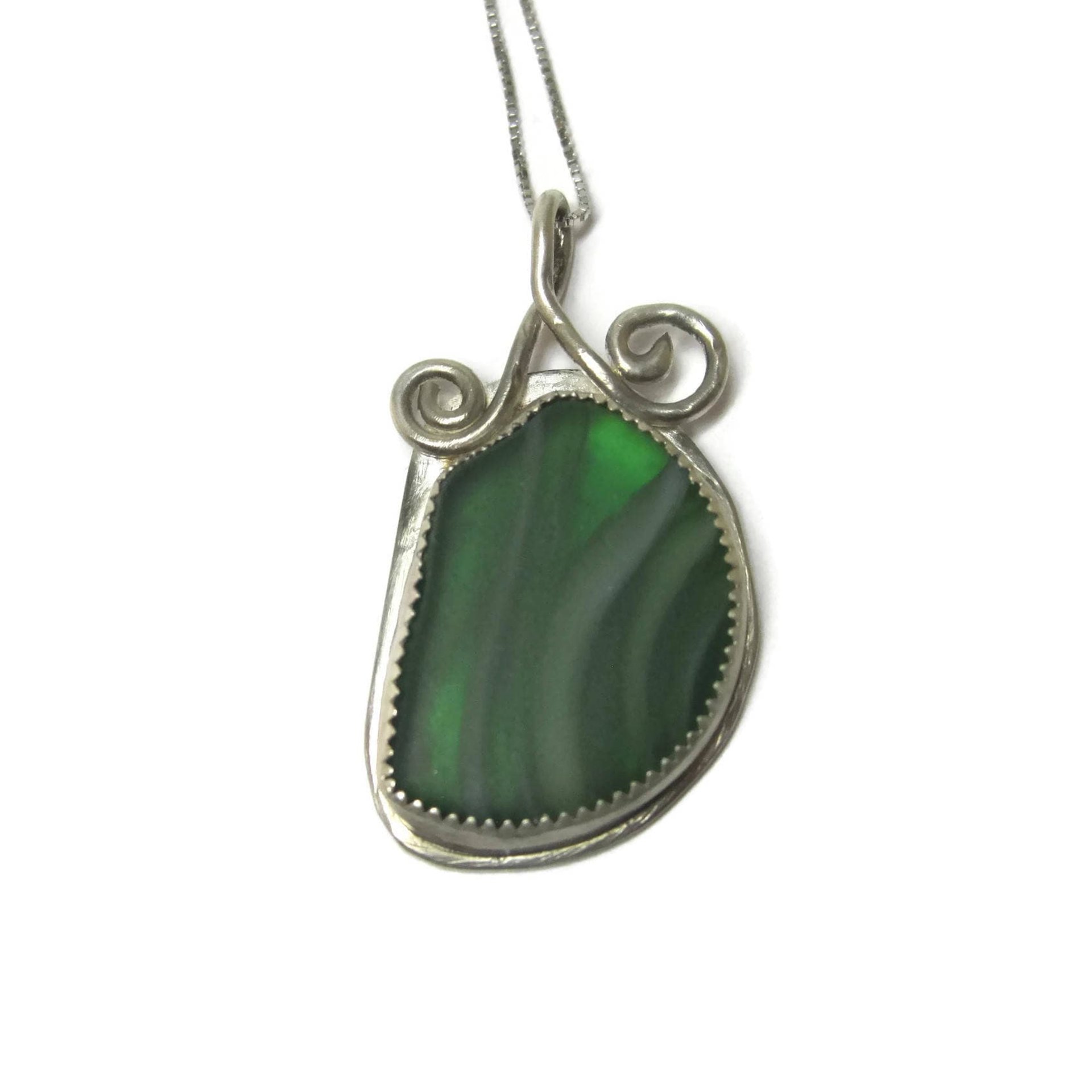 Vintage Sterling Green Beach Glass Pendant Necklace