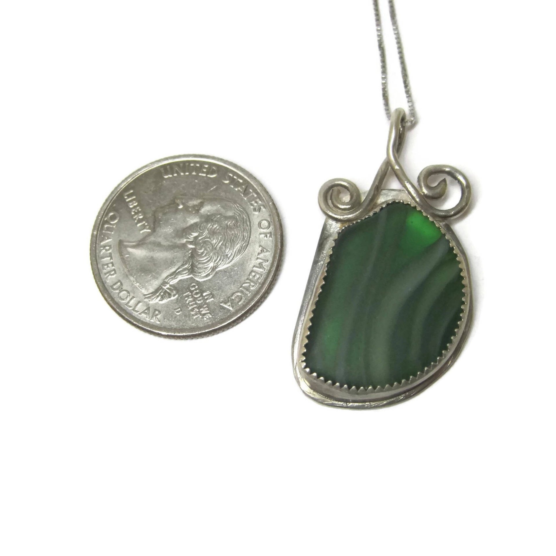 Vintage Sterling Green Beach Glass Pendant Necklace