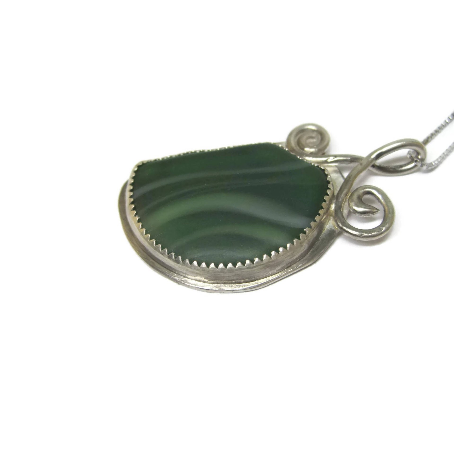 Vintage Sterling Green Beach Glass Pendant Necklace