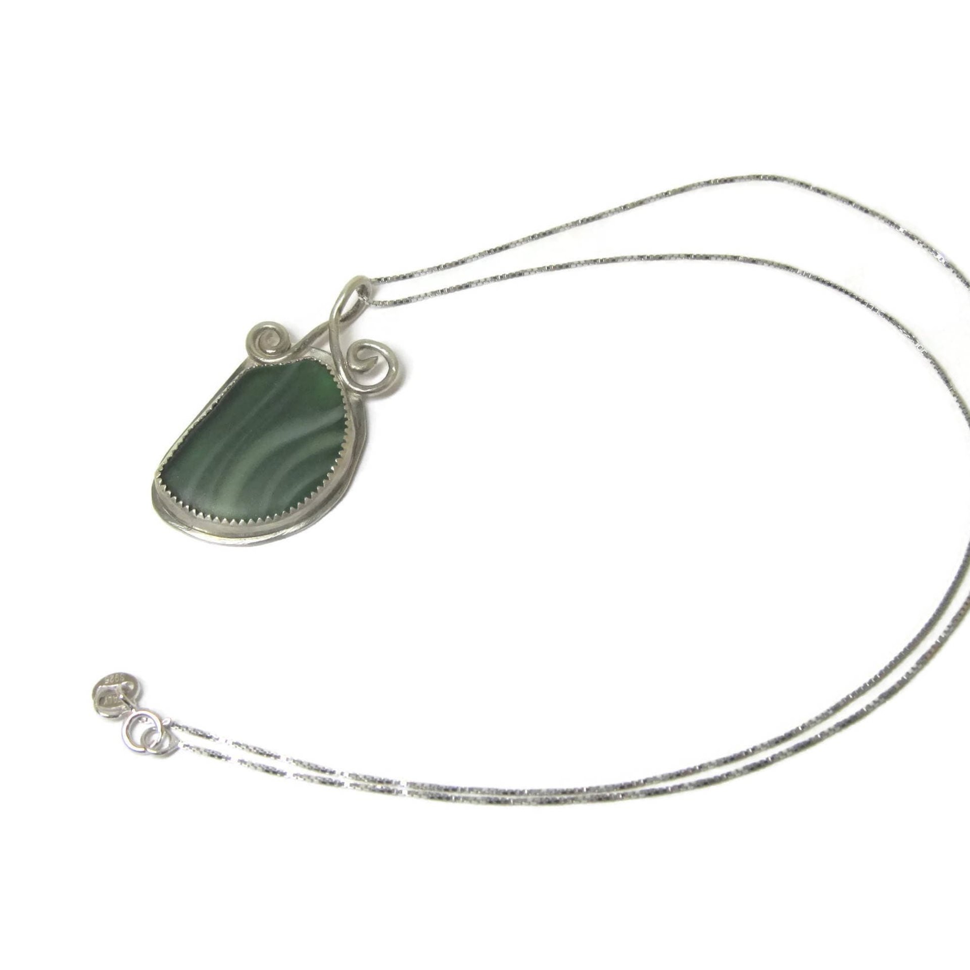 Vintage Sterling Green Beach Glass Pendant Necklace