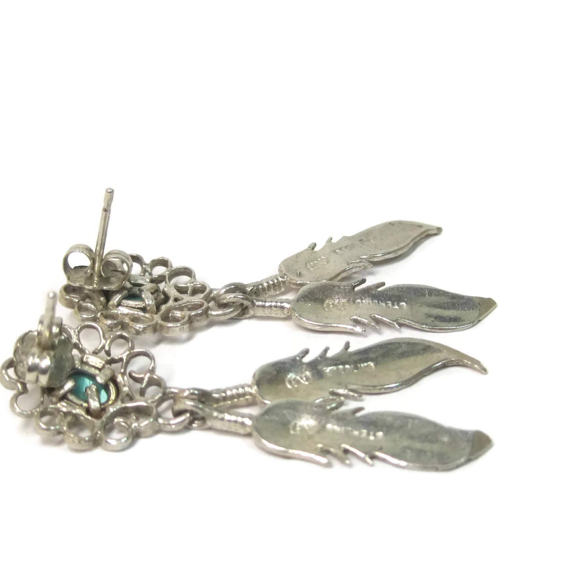 Vintage Southwestern Sterling Turquoise Feather Earrings