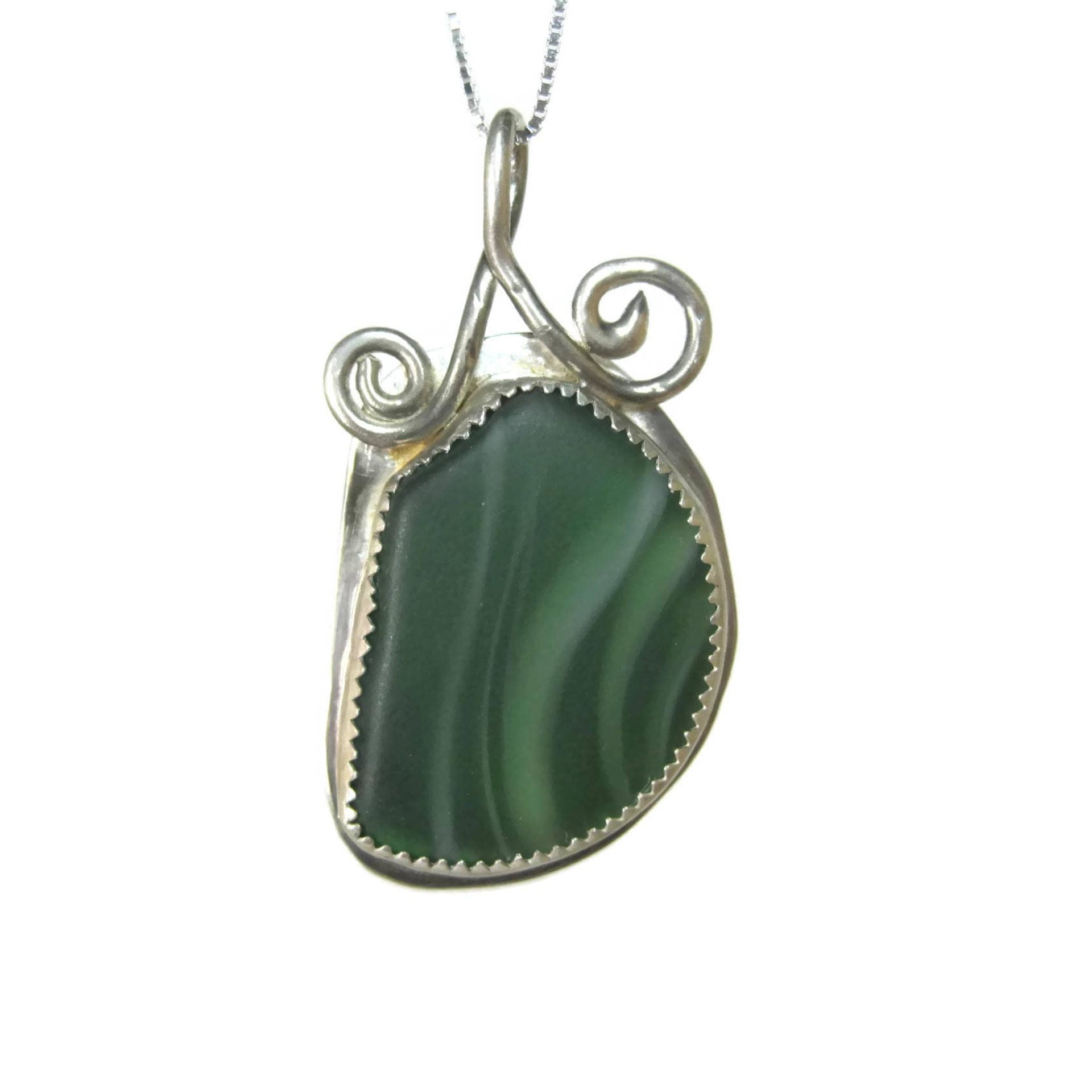 Vintage Sterling Green Beach Glass Pendant Necklace