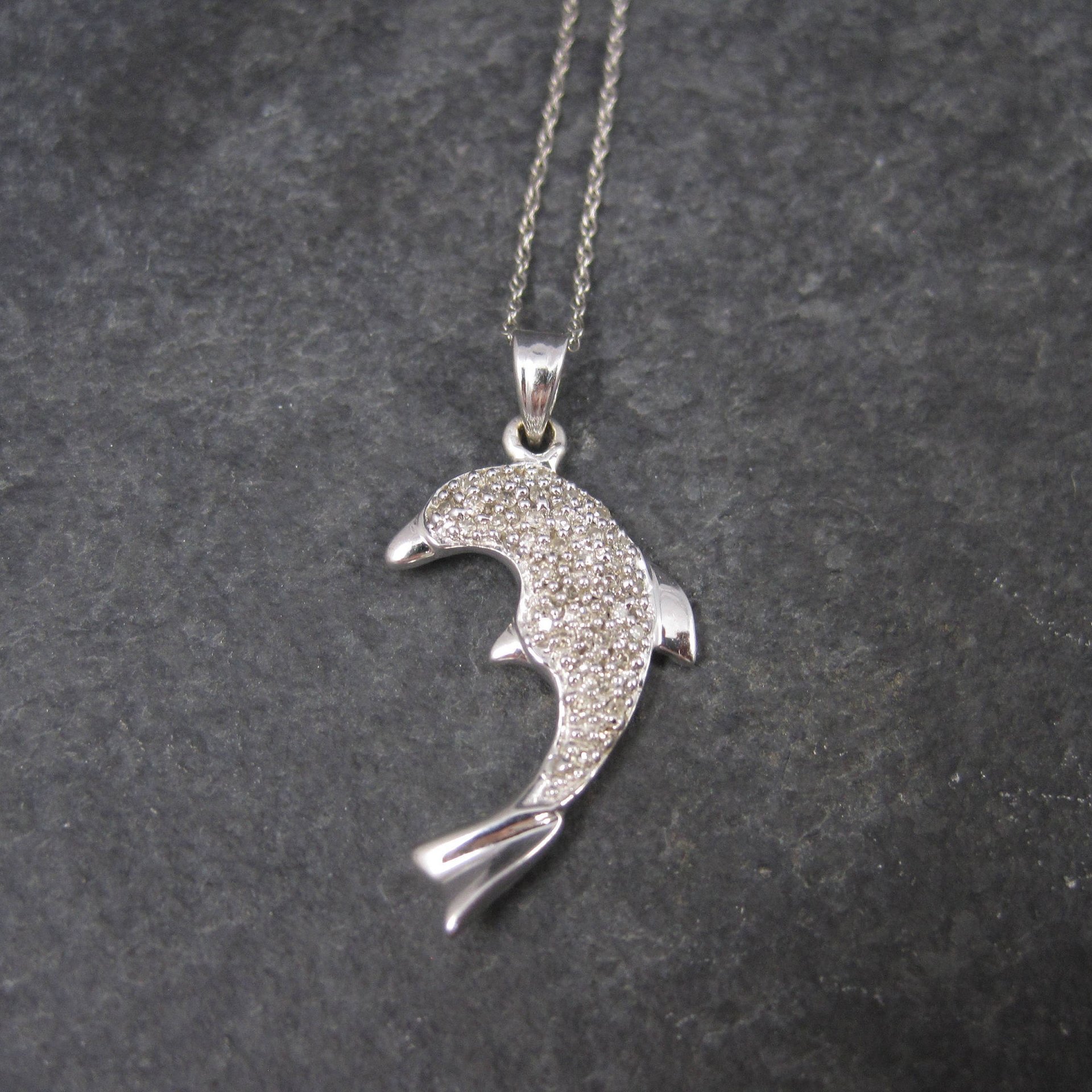 Vintage 10K White Gold Diamond Dolphin Pendant Necklace