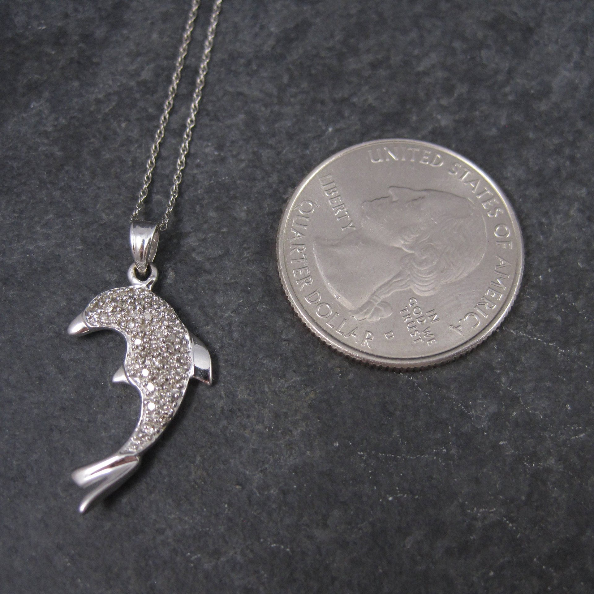 Vintage 10K White Gold Diamond Dolphin Pendant Necklace