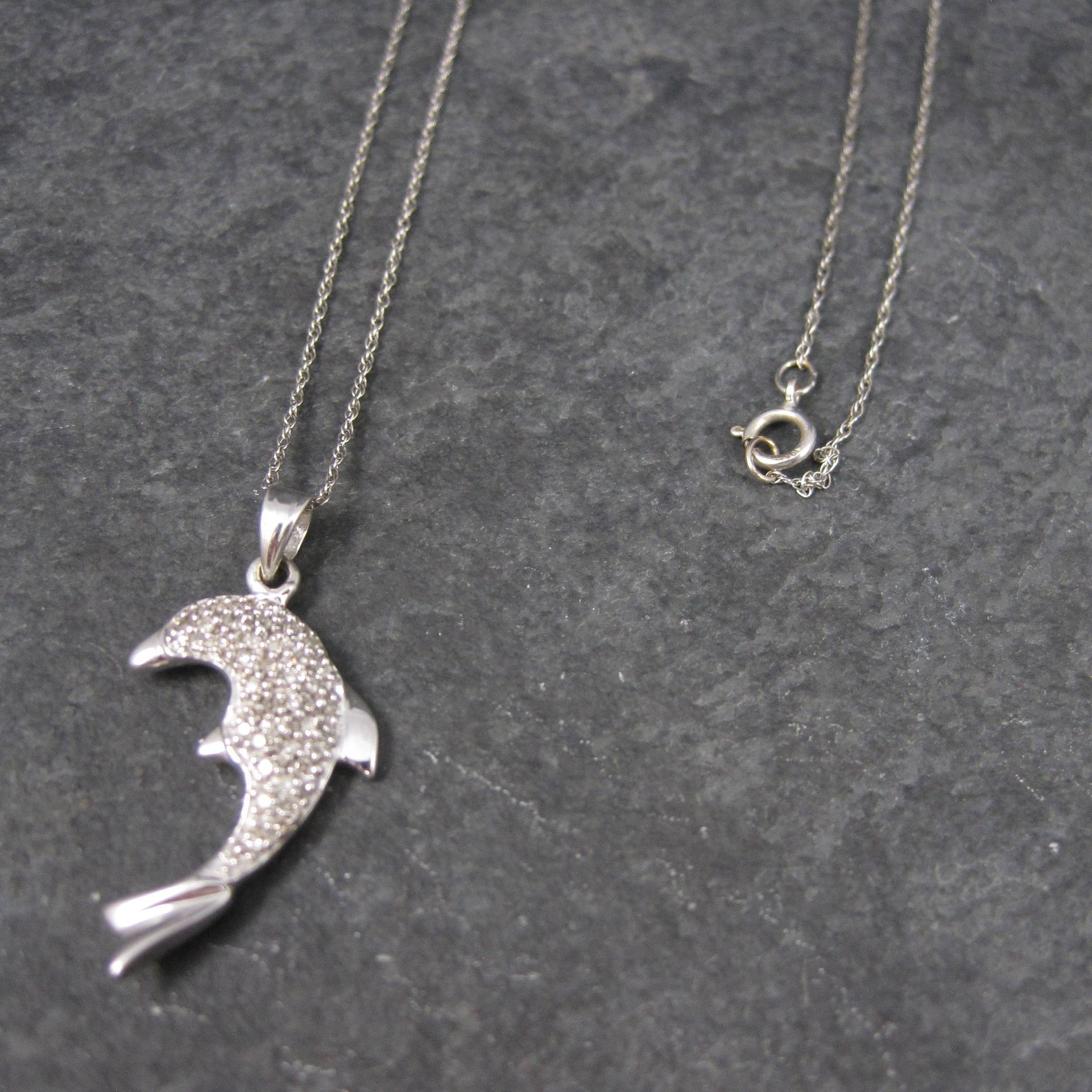 Vintage 10K White Gold Diamond Dolphin Pendant Necklace