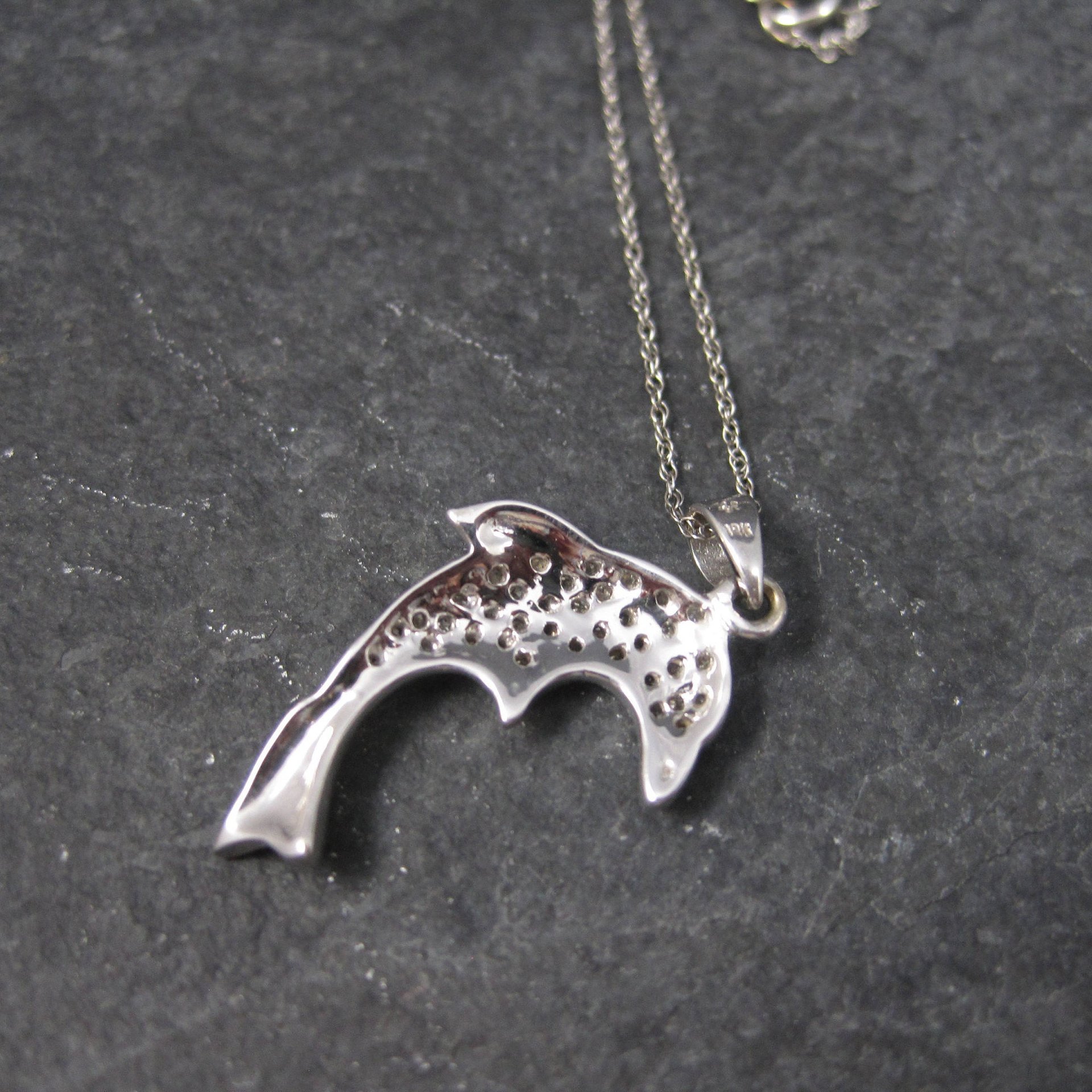 Vintage 10K White Gold Diamond Dolphin Pendant Necklace