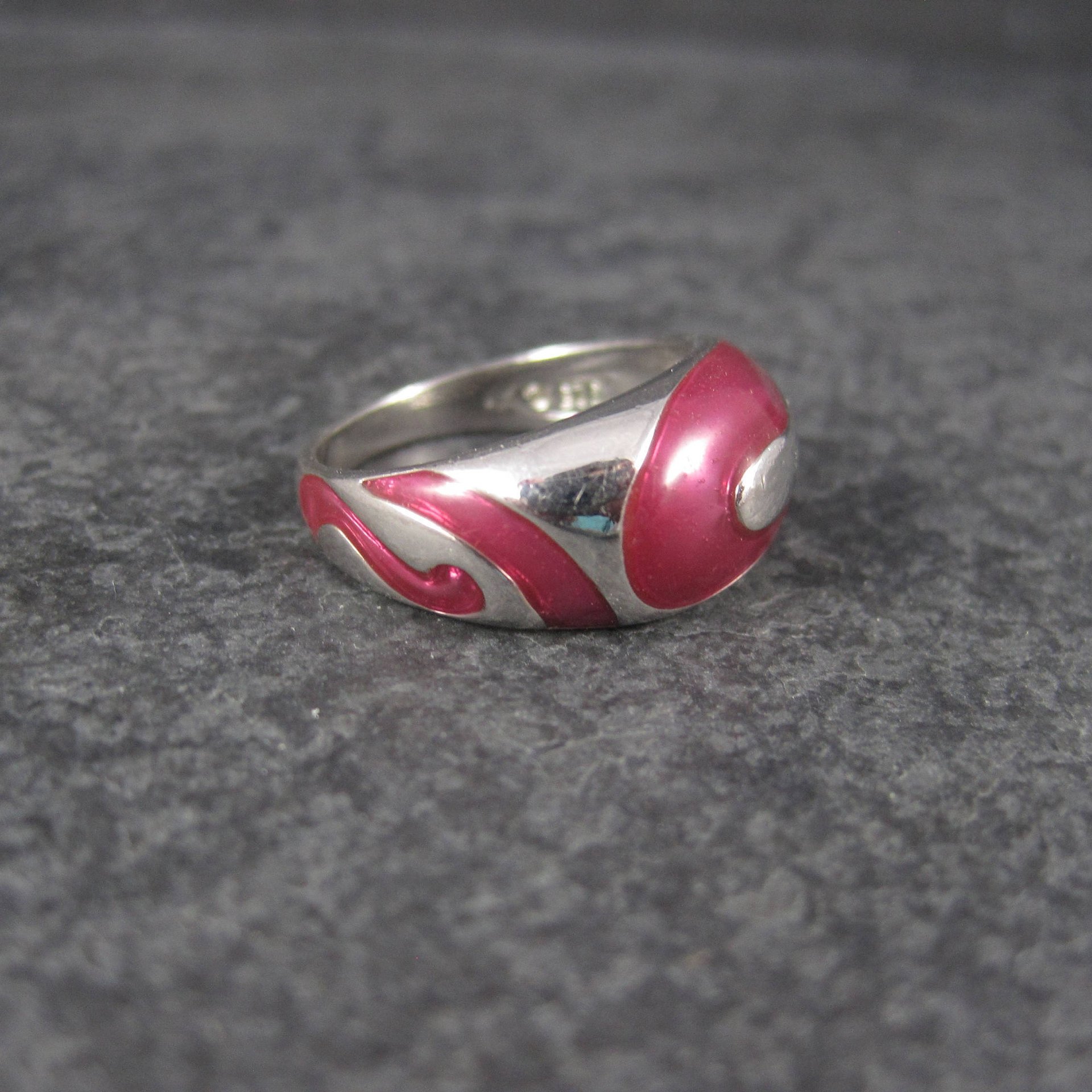 Estate 90s Sterling Pink Enamel Dome Ring Size 7