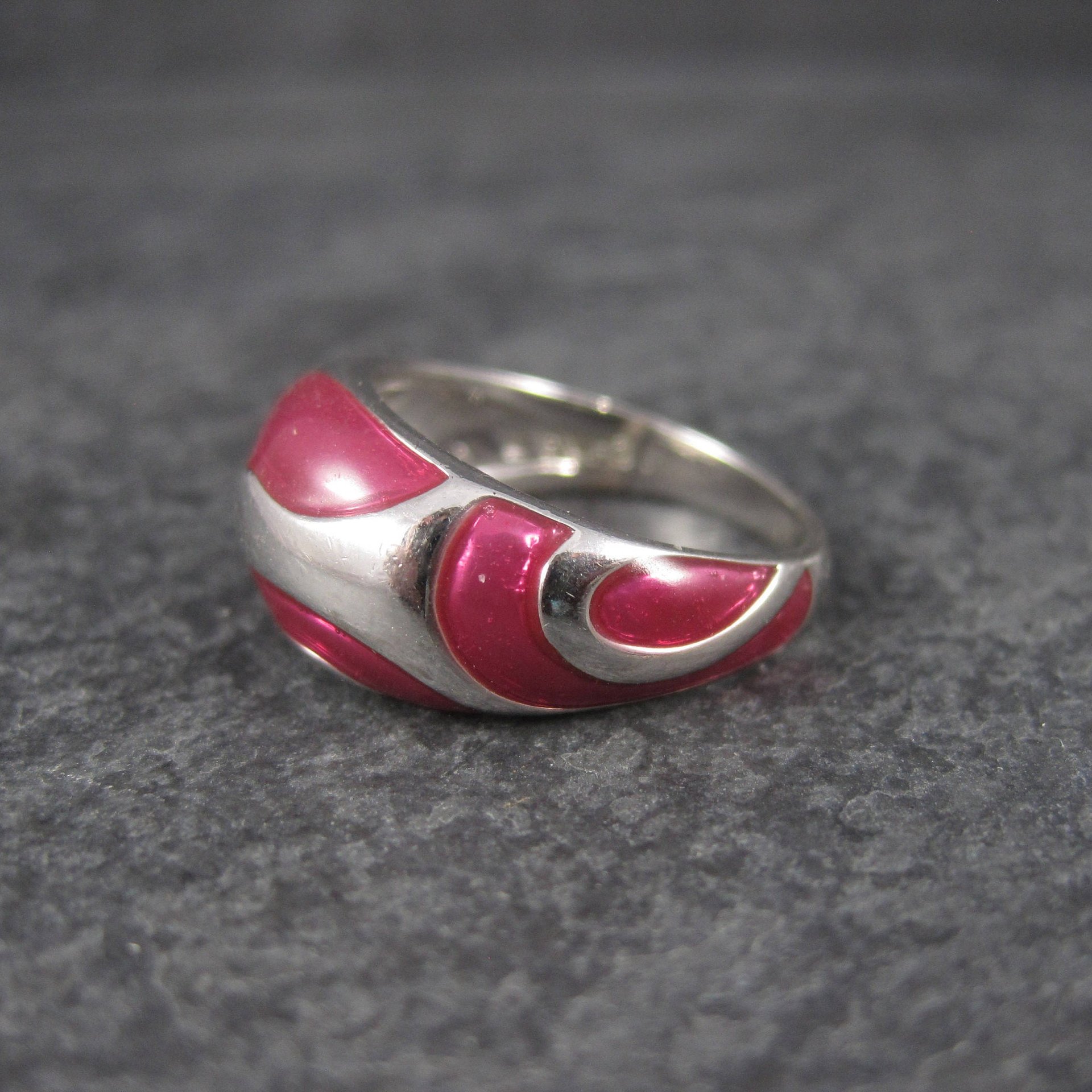 Estate 90s Sterling Pink Enamel Dome Ring Size 7