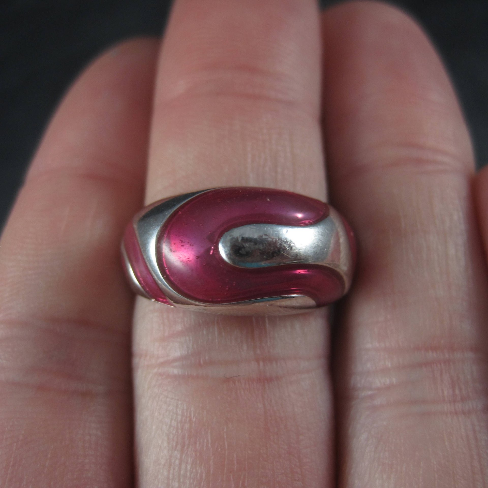 Estate 90s Sterling Pink Enamel Dome Ring Size 7