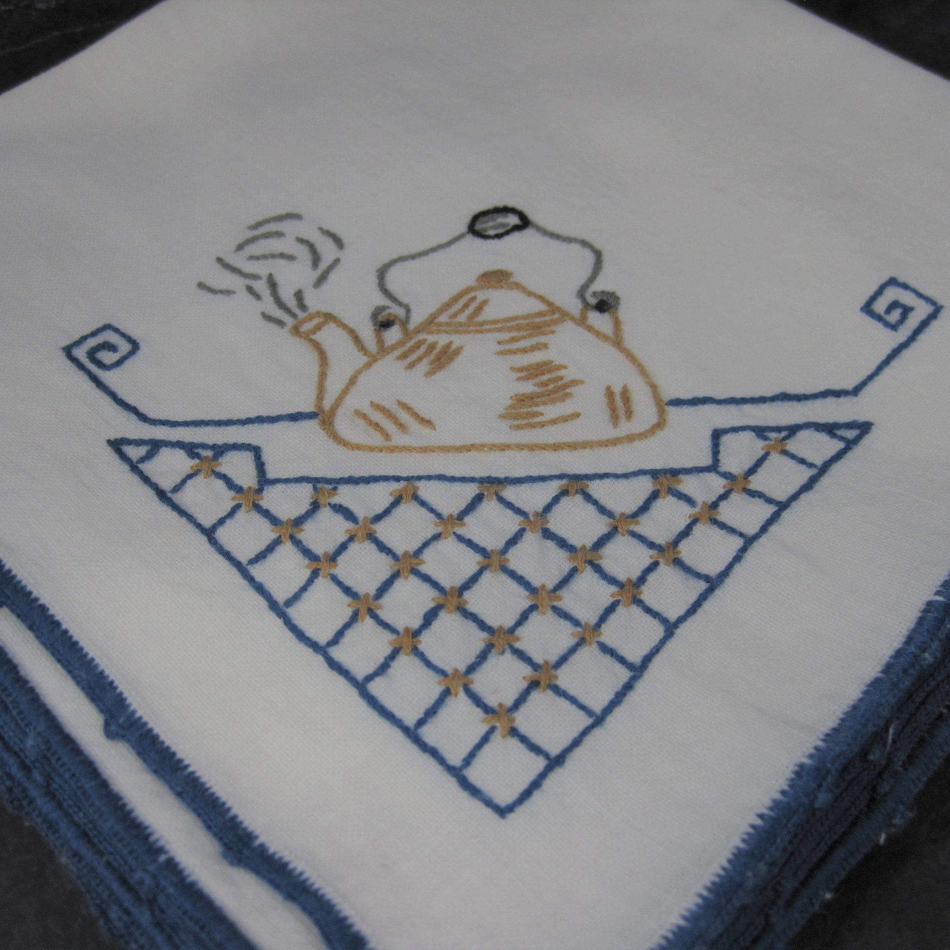 Vintage Hand Embroidered Teapot Napkins Blue White Gold Set of 4