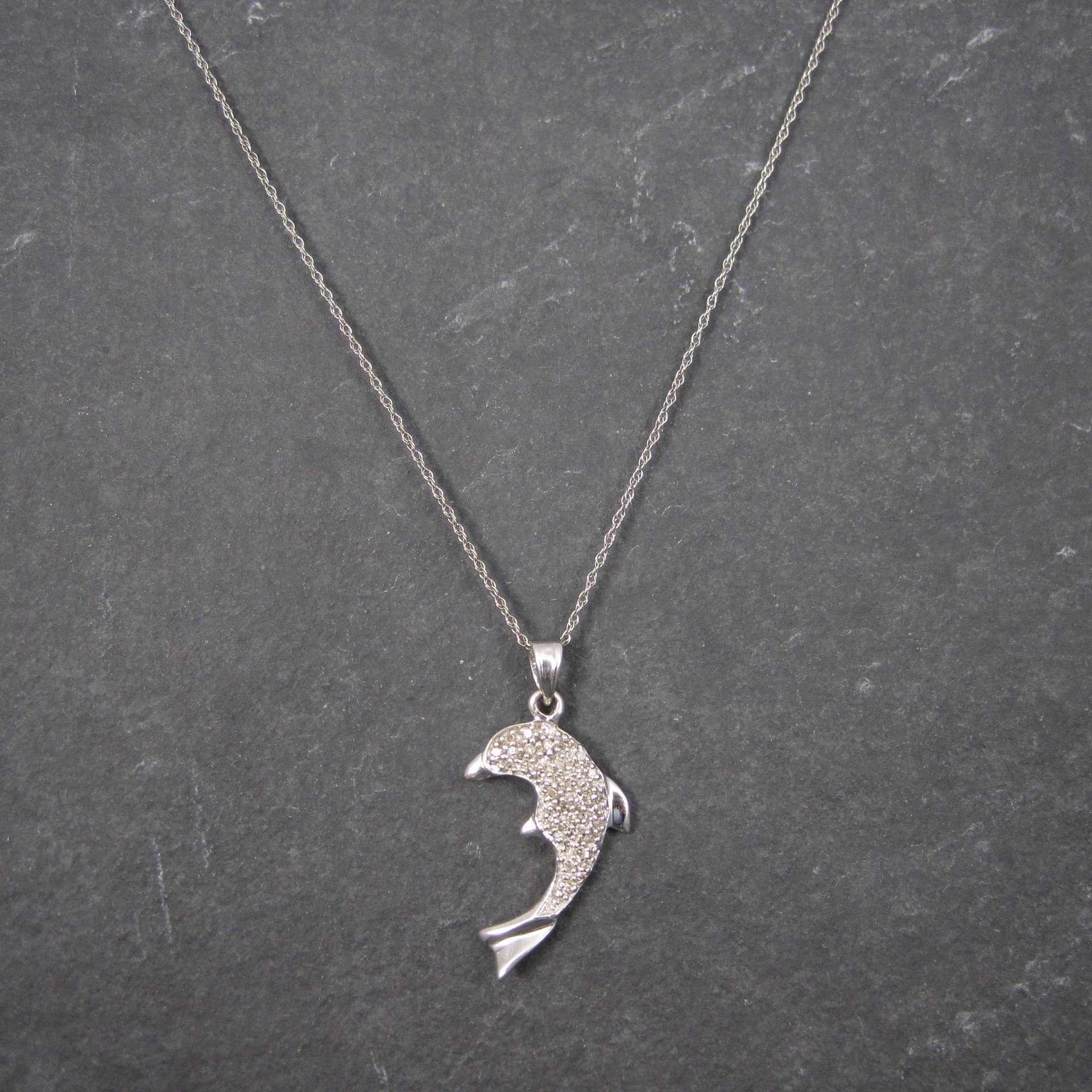 Vintage 10K White Gold Diamond Dolphin Pendant Necklace