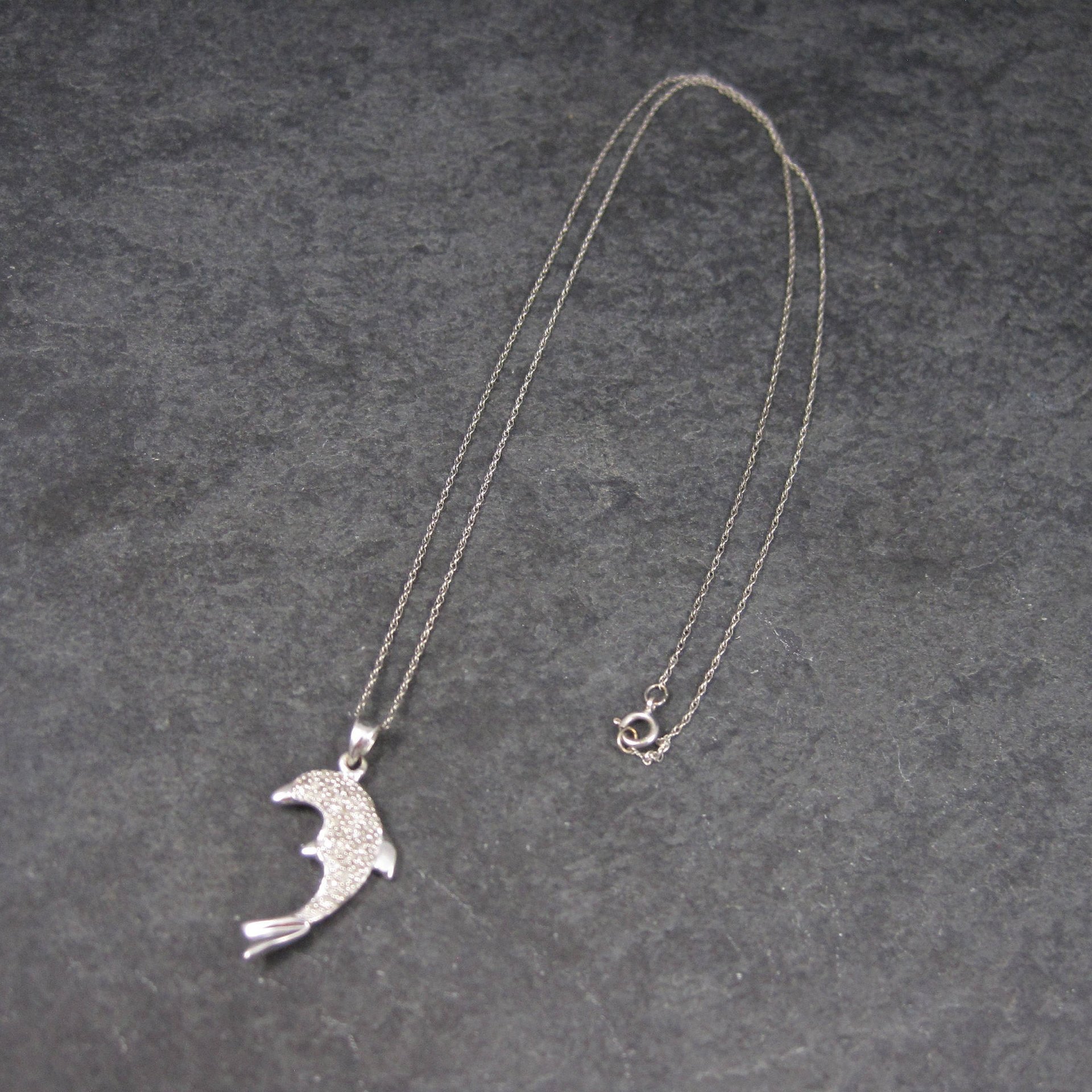 Vintage 10K White Gold Diamond Dolphin Pendant Necklace
