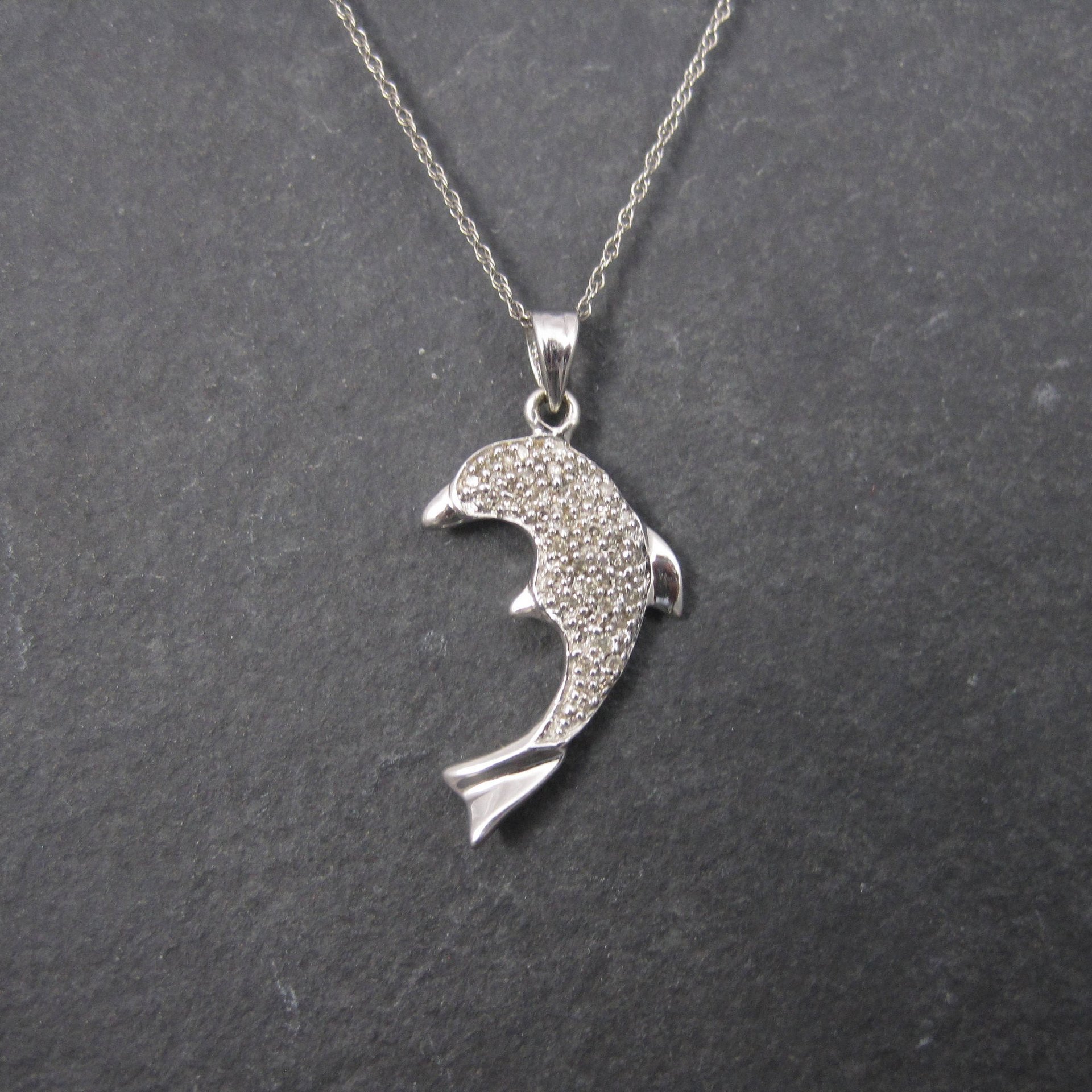 Vintage 10K White Gold Diamond Dolphin Pendant Necklace
