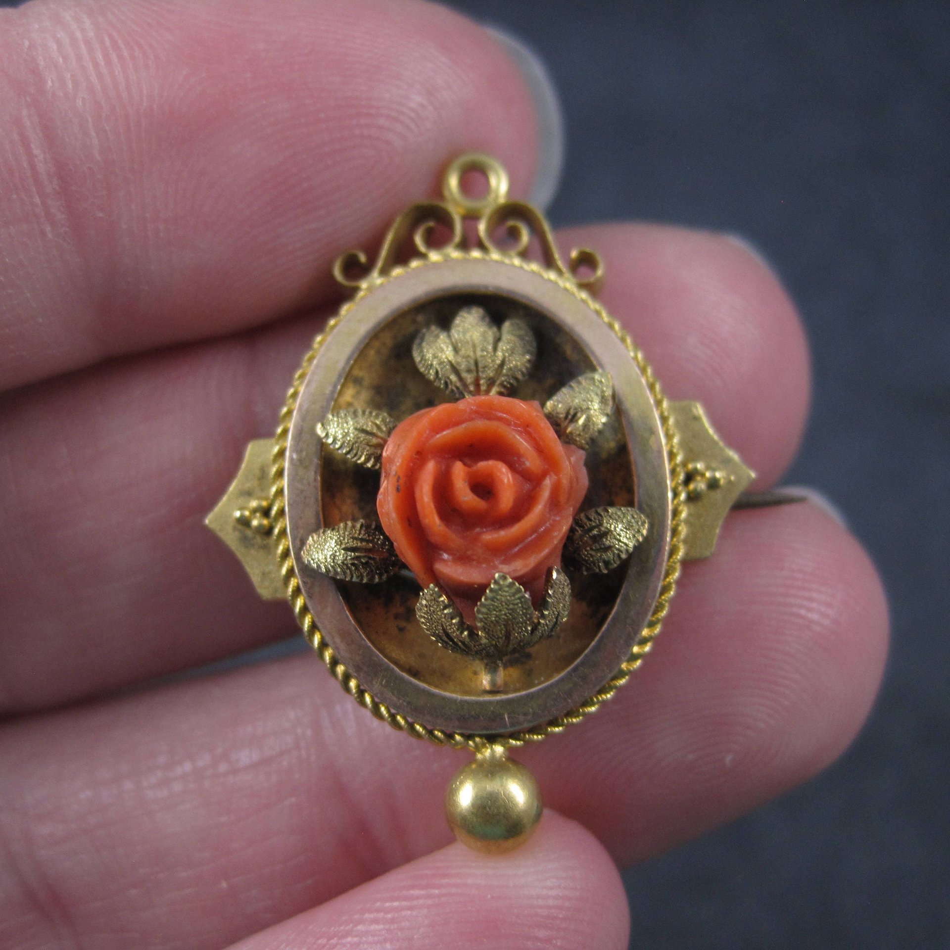 Antique Victorian 14K Coral Rose Brooch Pendant