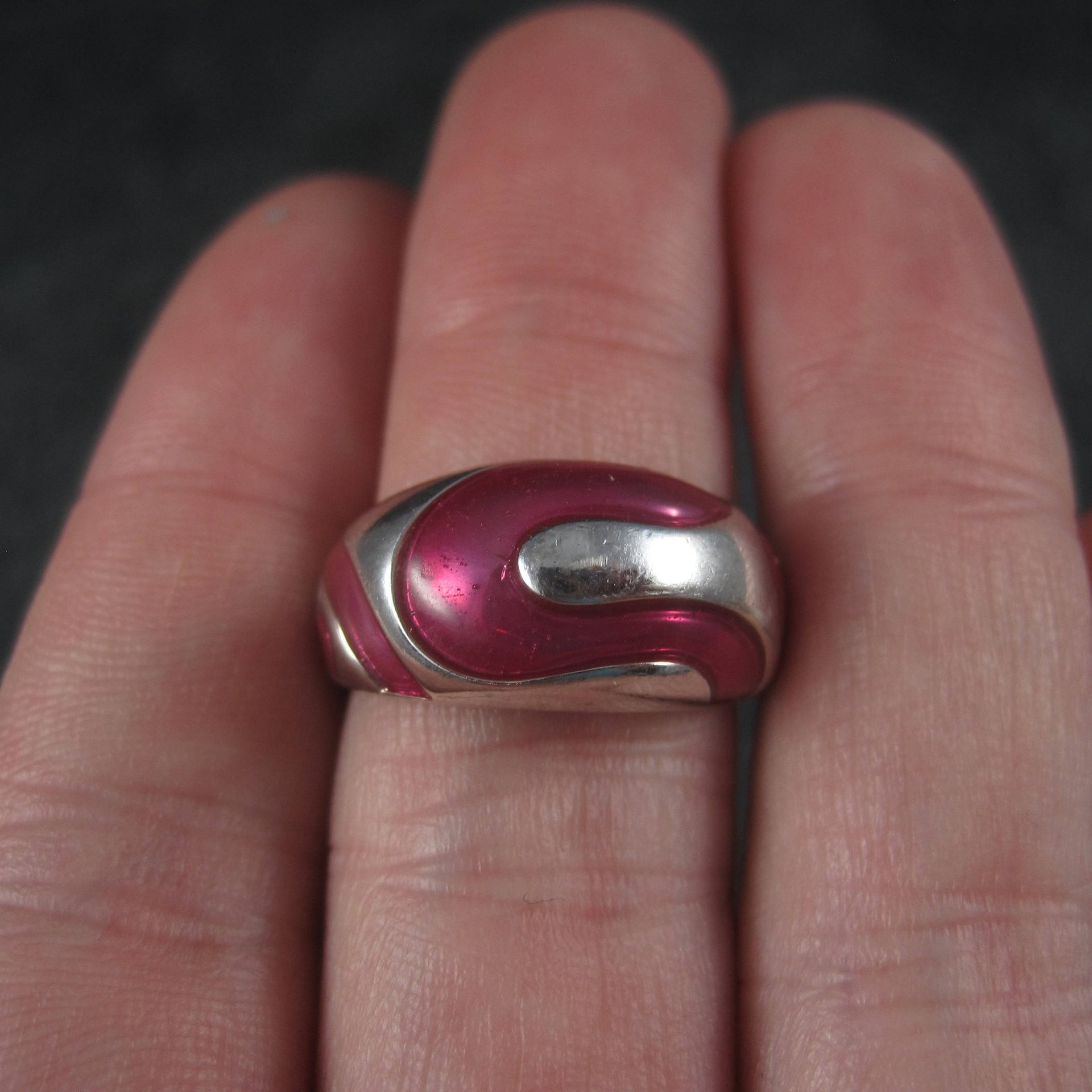 Estate 90s Sterling Pink Enamel Dome Ring Size 7
