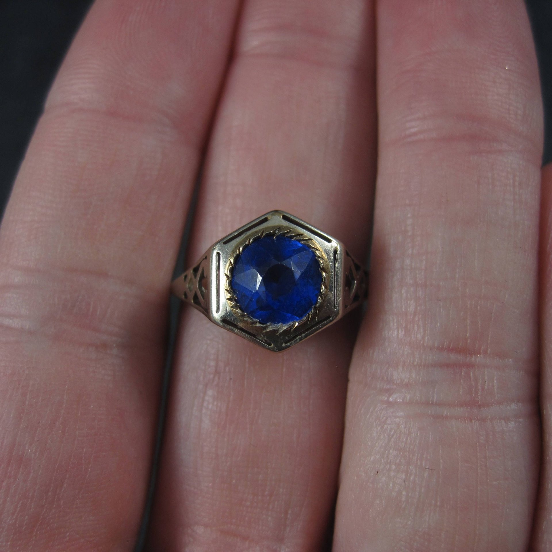 Antique 14K Blue Glass Ring Size 7.5