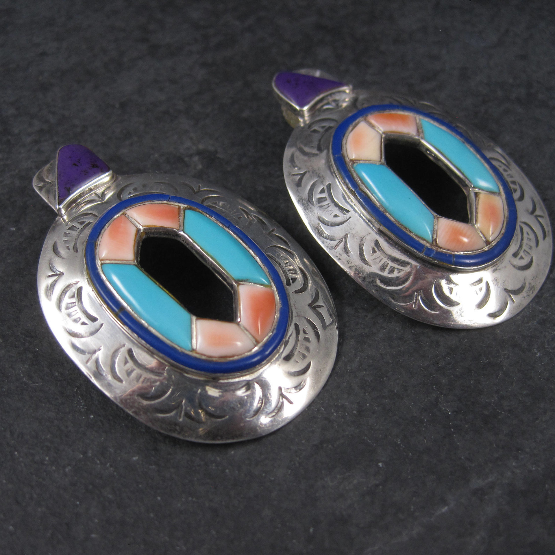 Large Vintage Southwestern Earrings with Turquoise Sugilite and Spiny Oyster Inlay | Bold Sterling Silver Statement Jewelry