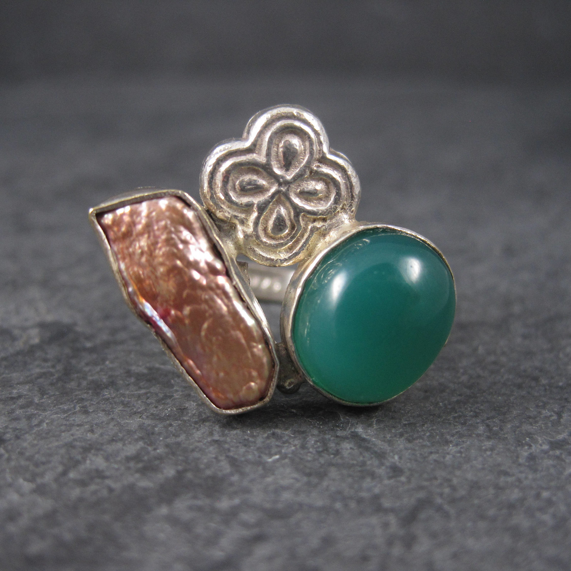 Vintage Green Onyx Baroque Pearl Ring Sterling Size 7