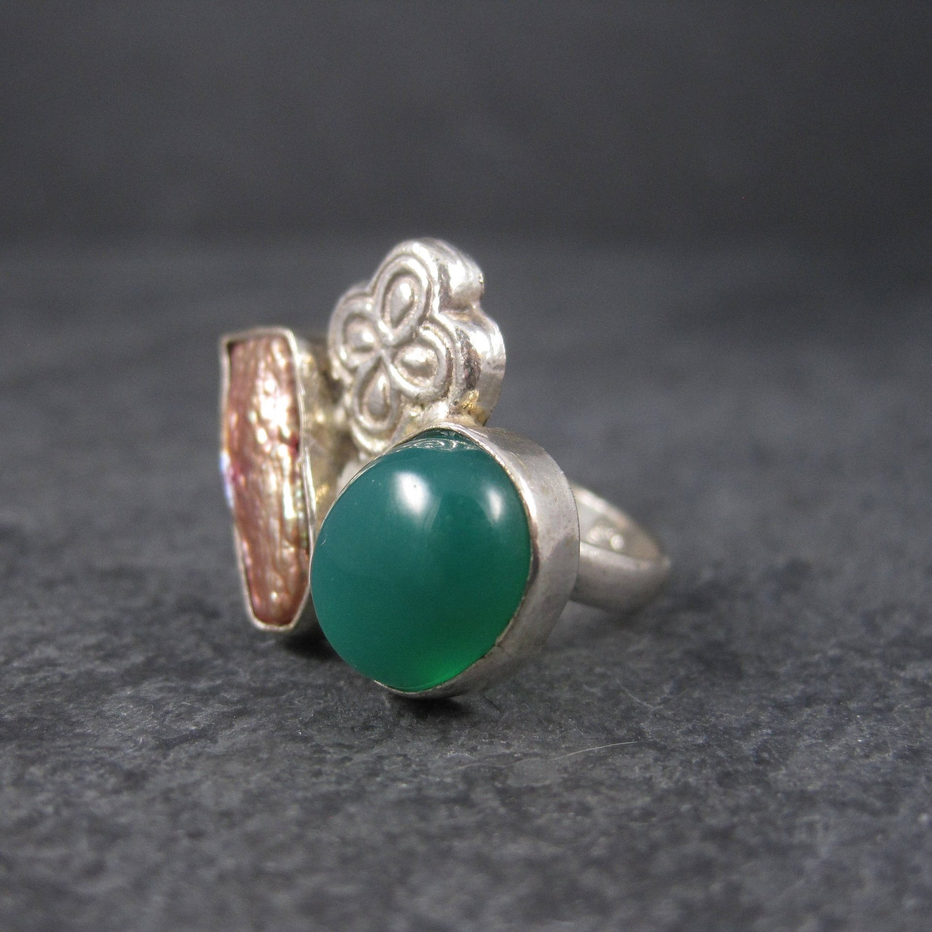 Vintage Green Onyx Baroque Pearl Ring Sterling Size 7