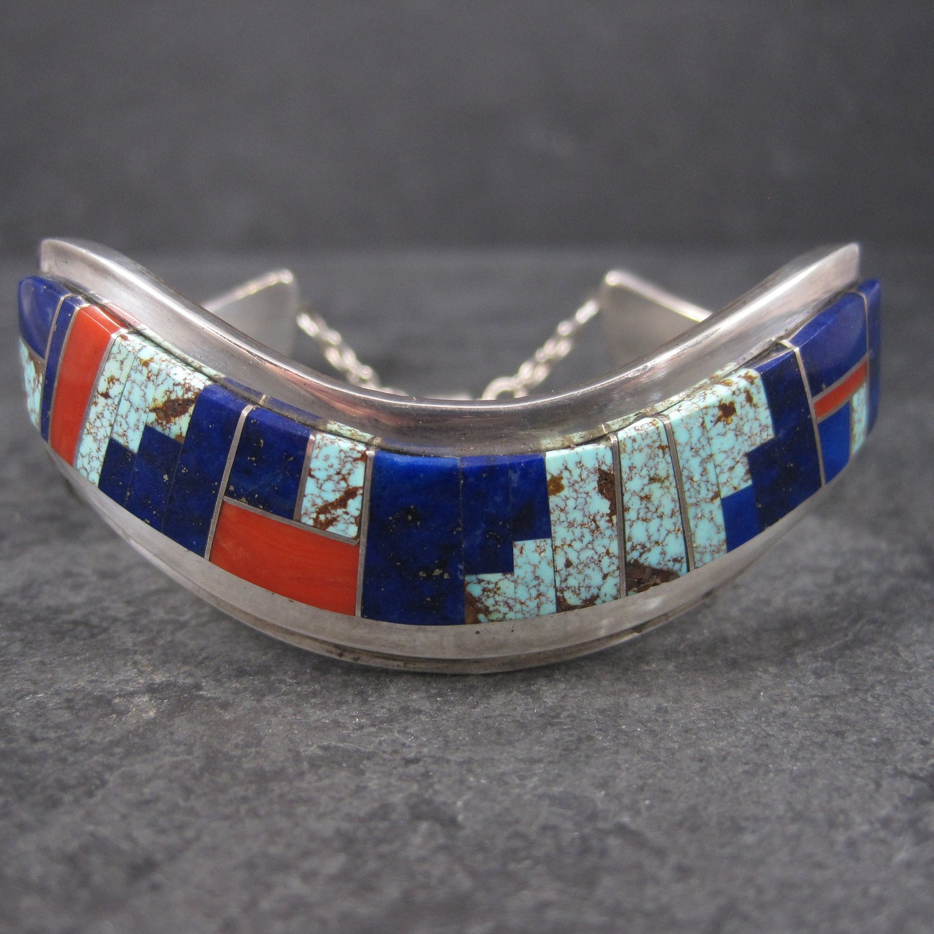 Vintage Navajo Lapis Coral Turquoise Inlay Cuff Bracelet 6 Inches Muskett