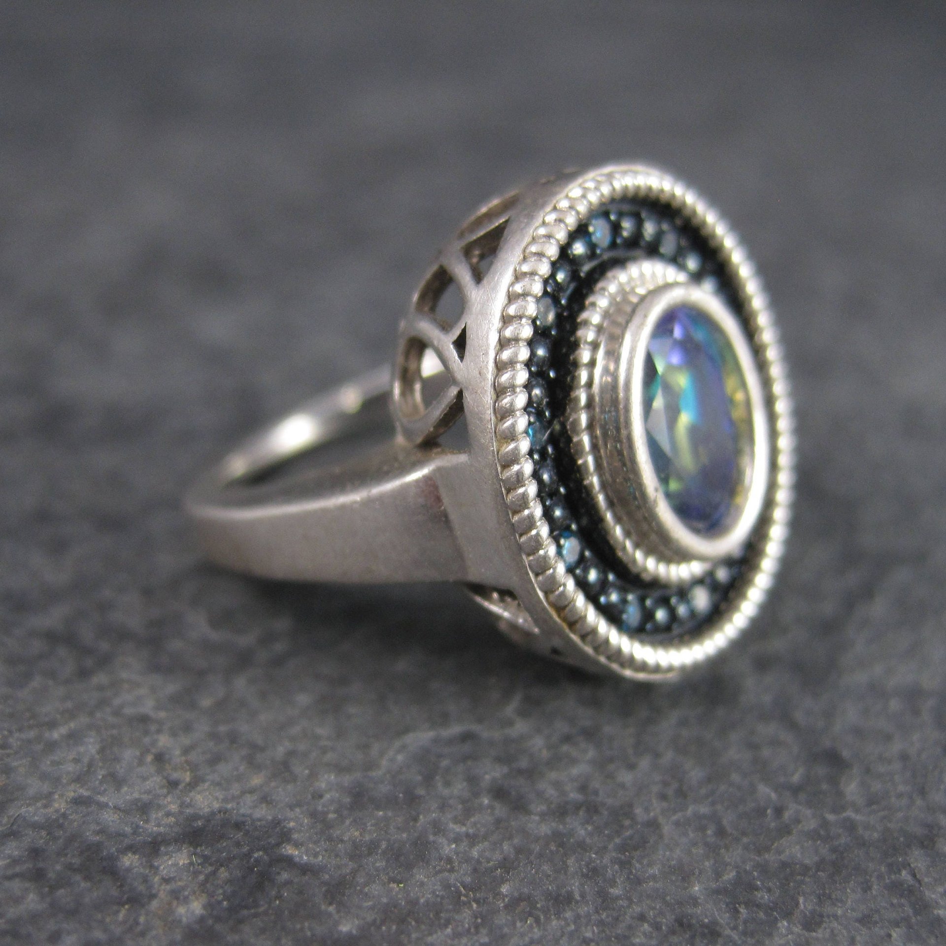 Mystic Topaz Blue Diamond Ring Sterling Size 6