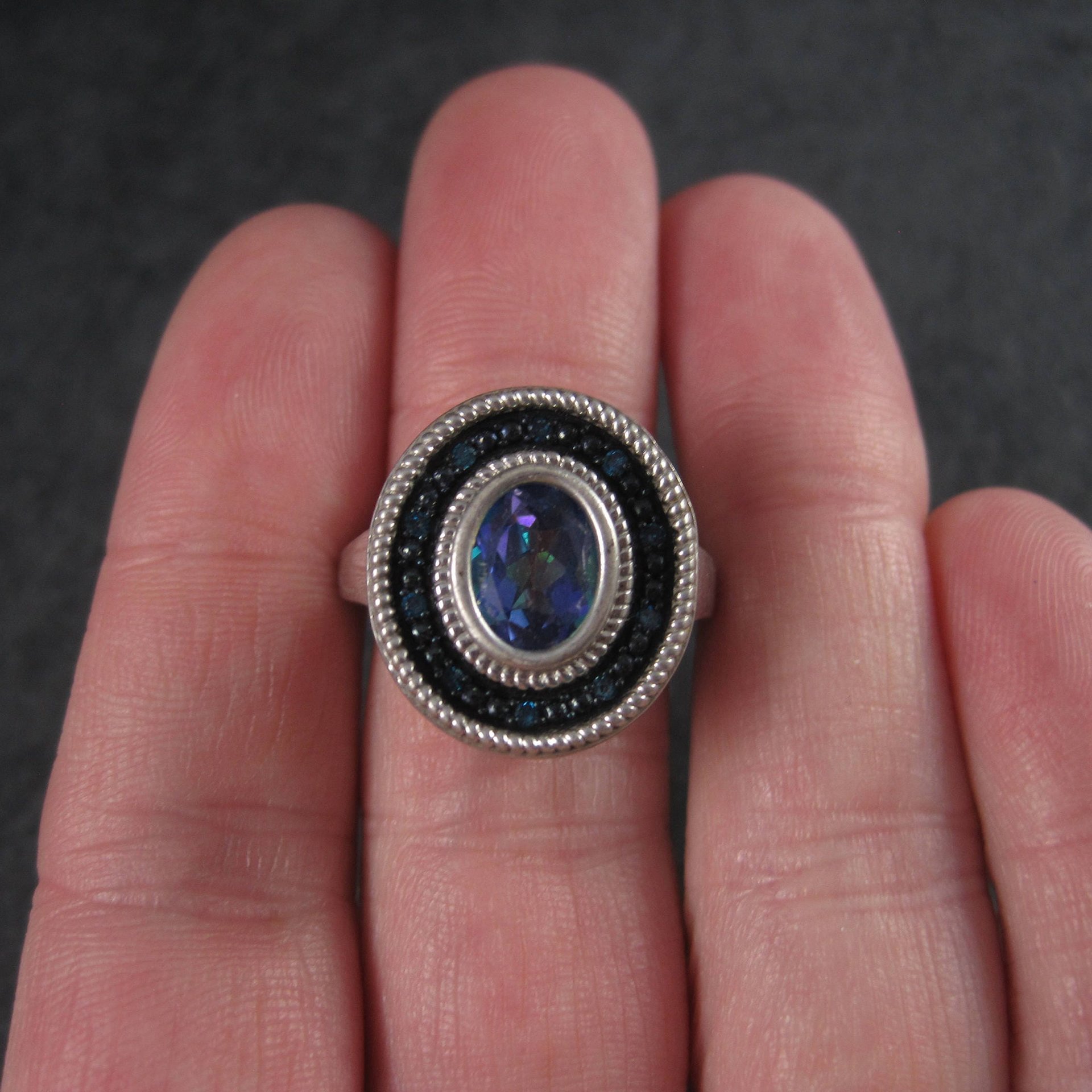 Mystic Topaz Blue Diamond Ring Sterling Size 6
