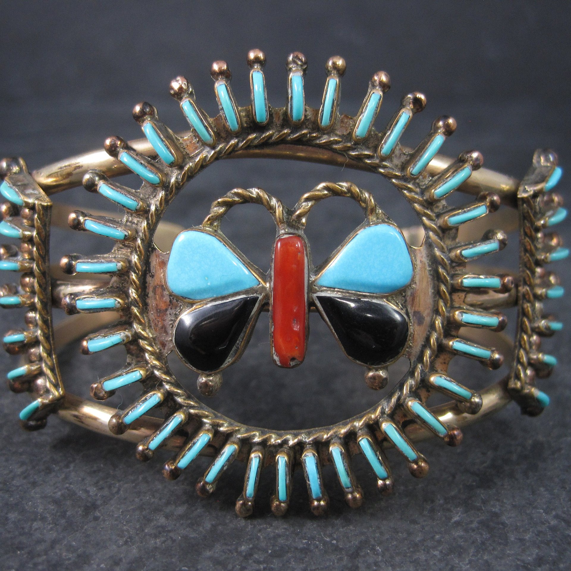 Native American Needlepoint Turquoise Inlay Butterfly Cuff Bracelet 6.25 Inches Paul Lucario