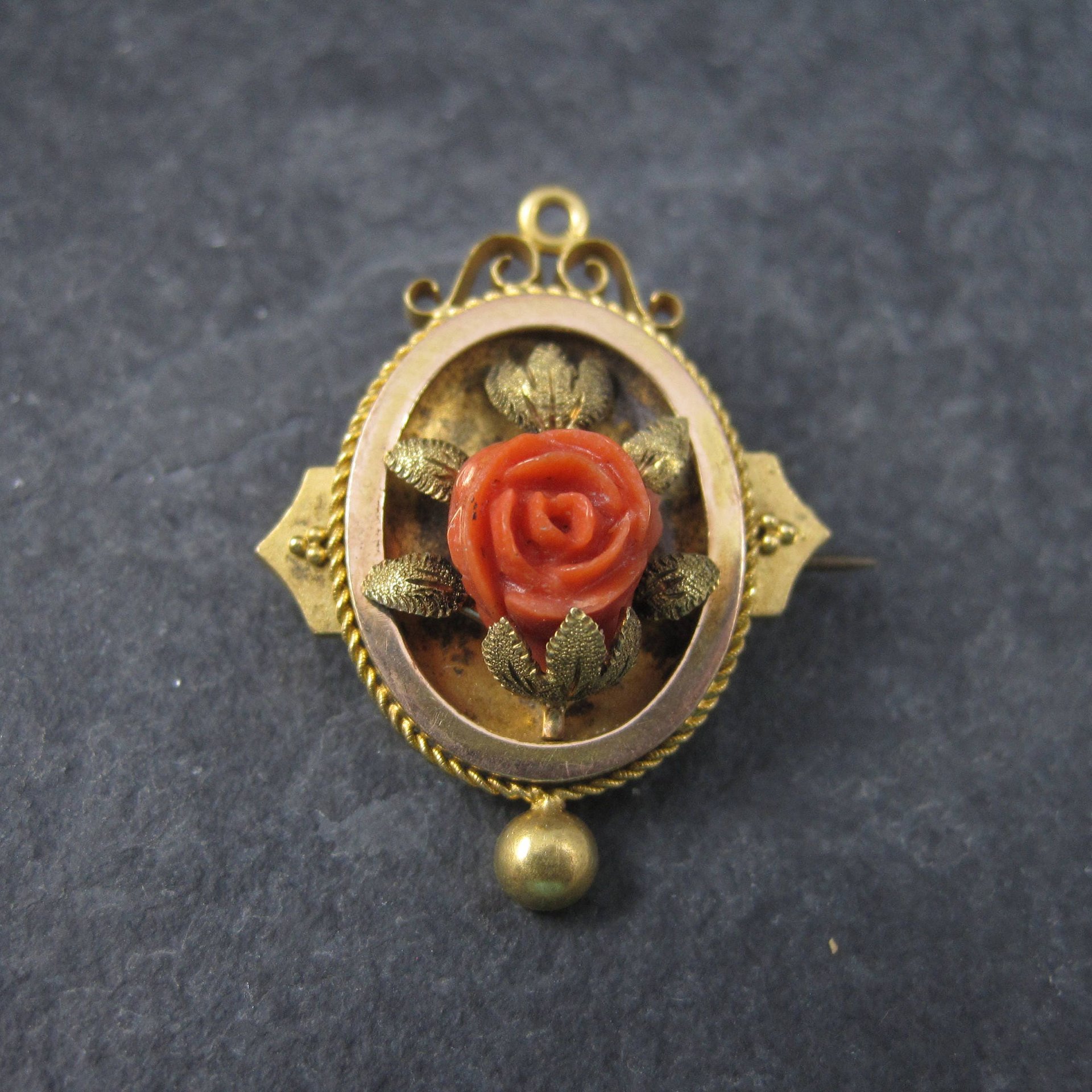 Antique Victorian 14K Coral Rose Brooch Pendant