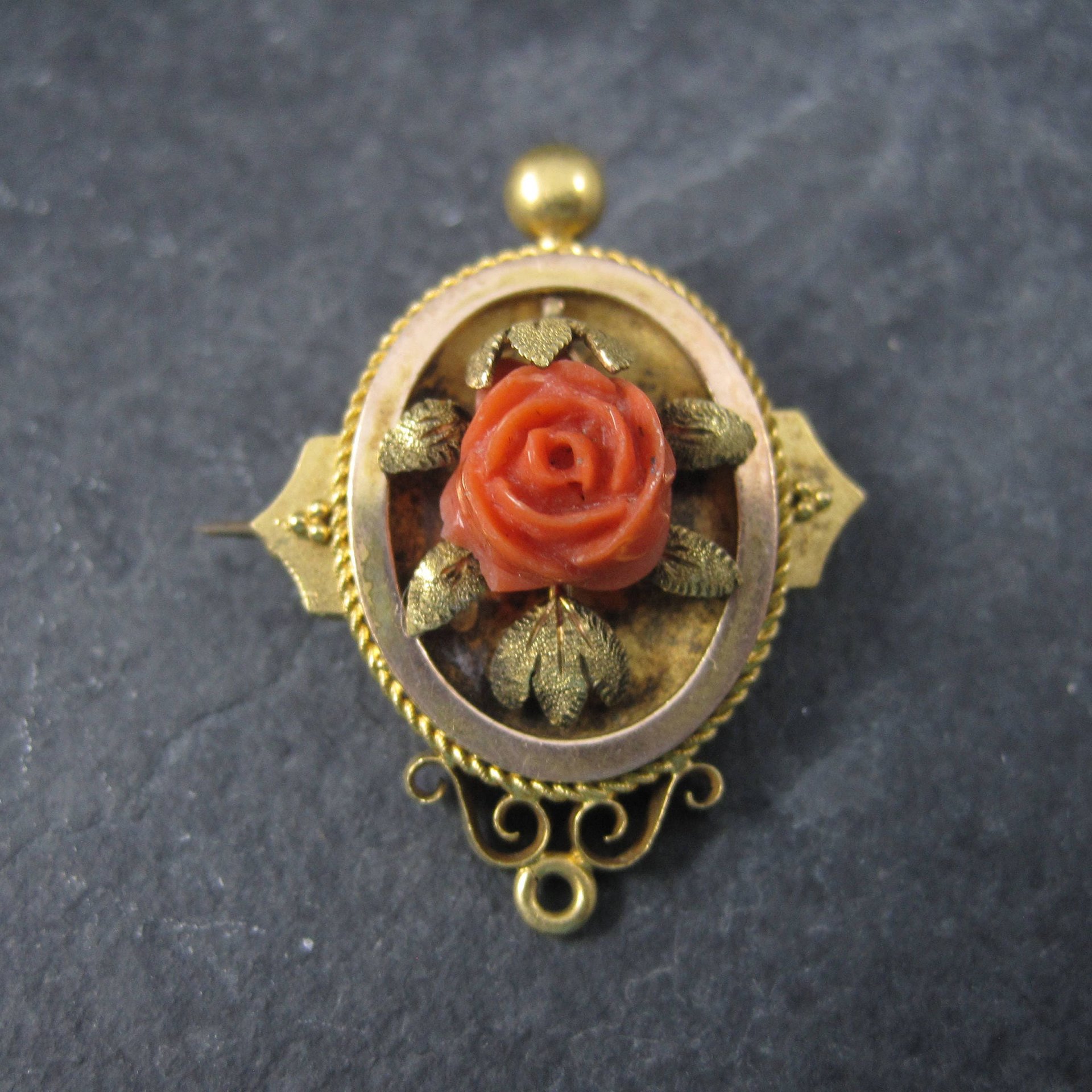 Antique Victorian 14K Coral Rose Brooch Pendant