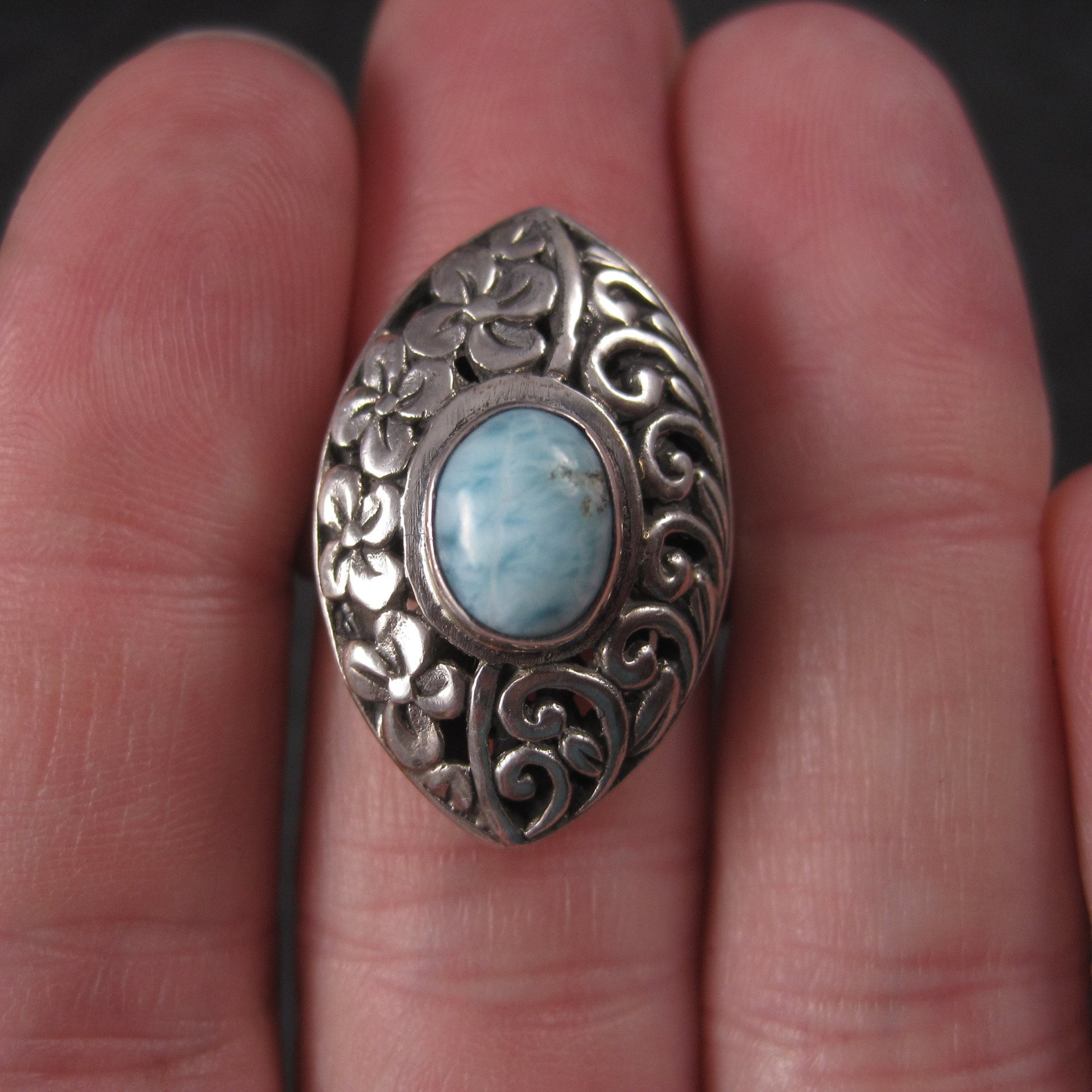 Vintage Sterling Filigree Larimar Ring Size 8