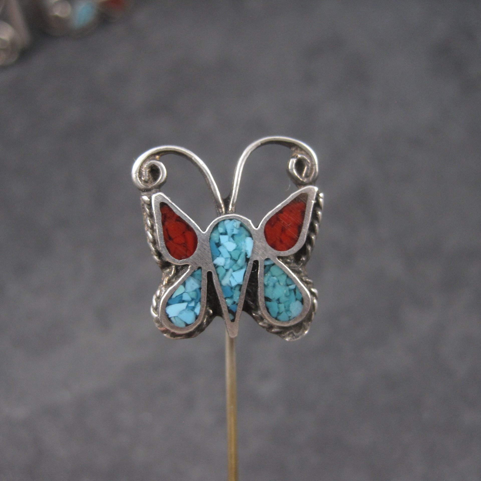 Estate Southwestern Coral Turquoise Butterfly Jewelry Set Cuff Bracelet Stick Pin Watch Band