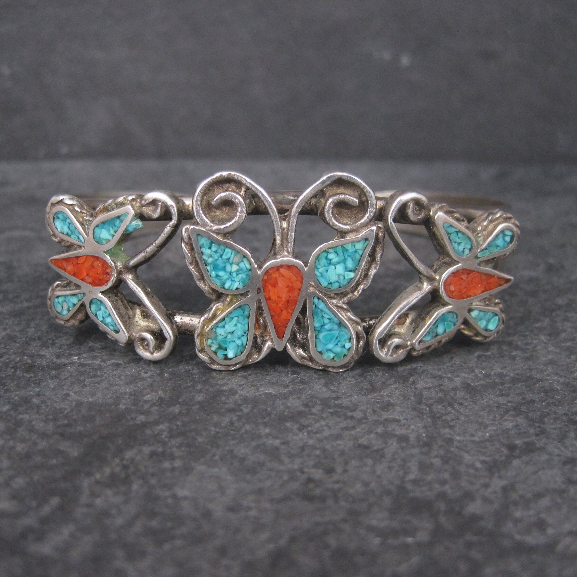 Estate Southwestern Coral Turquoise Butterfly Jewelry Set Cuff Bracelet Stick Pin Watch Band