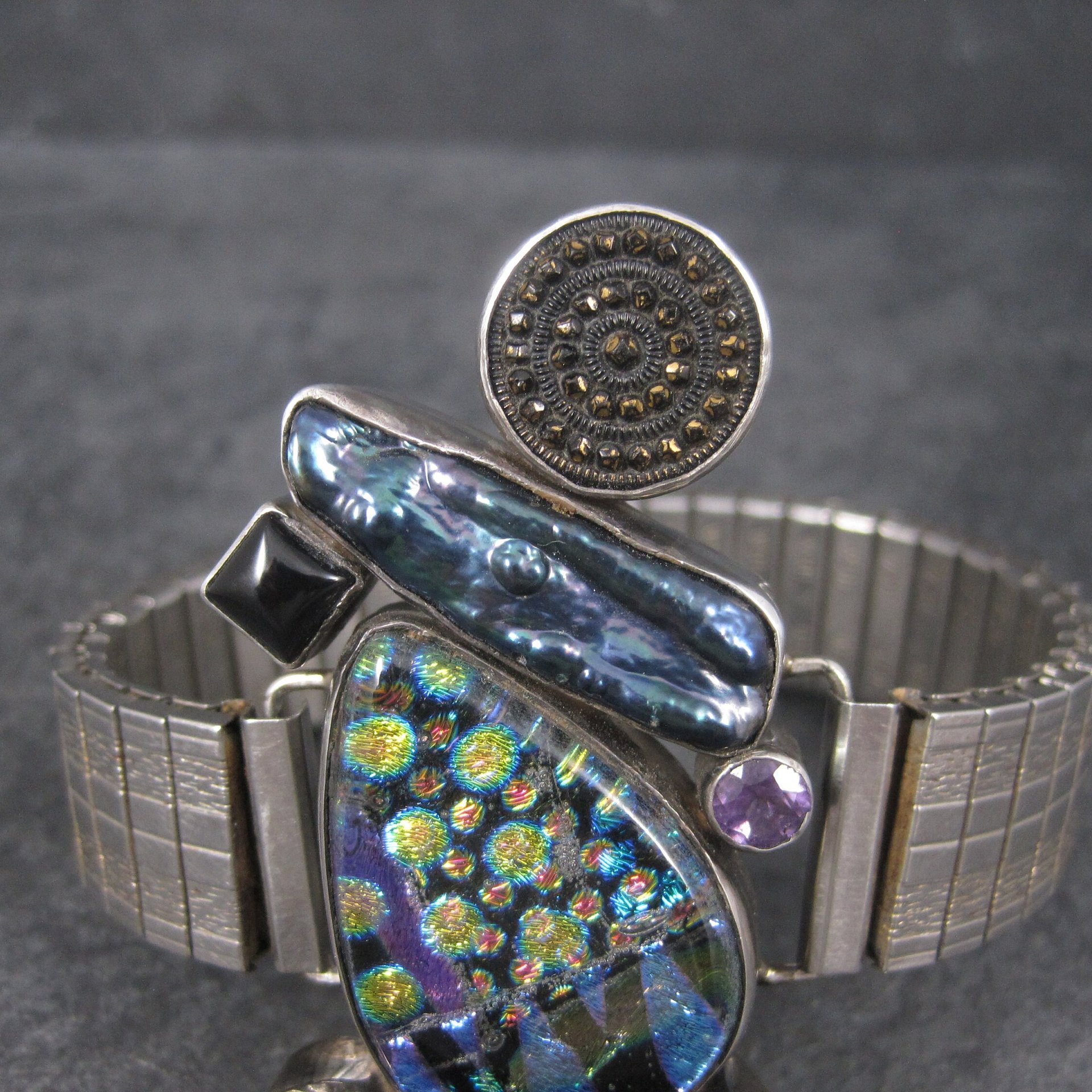 Huge Estate Designer Art Glass Gemstone Biwa Pearl Bracelet