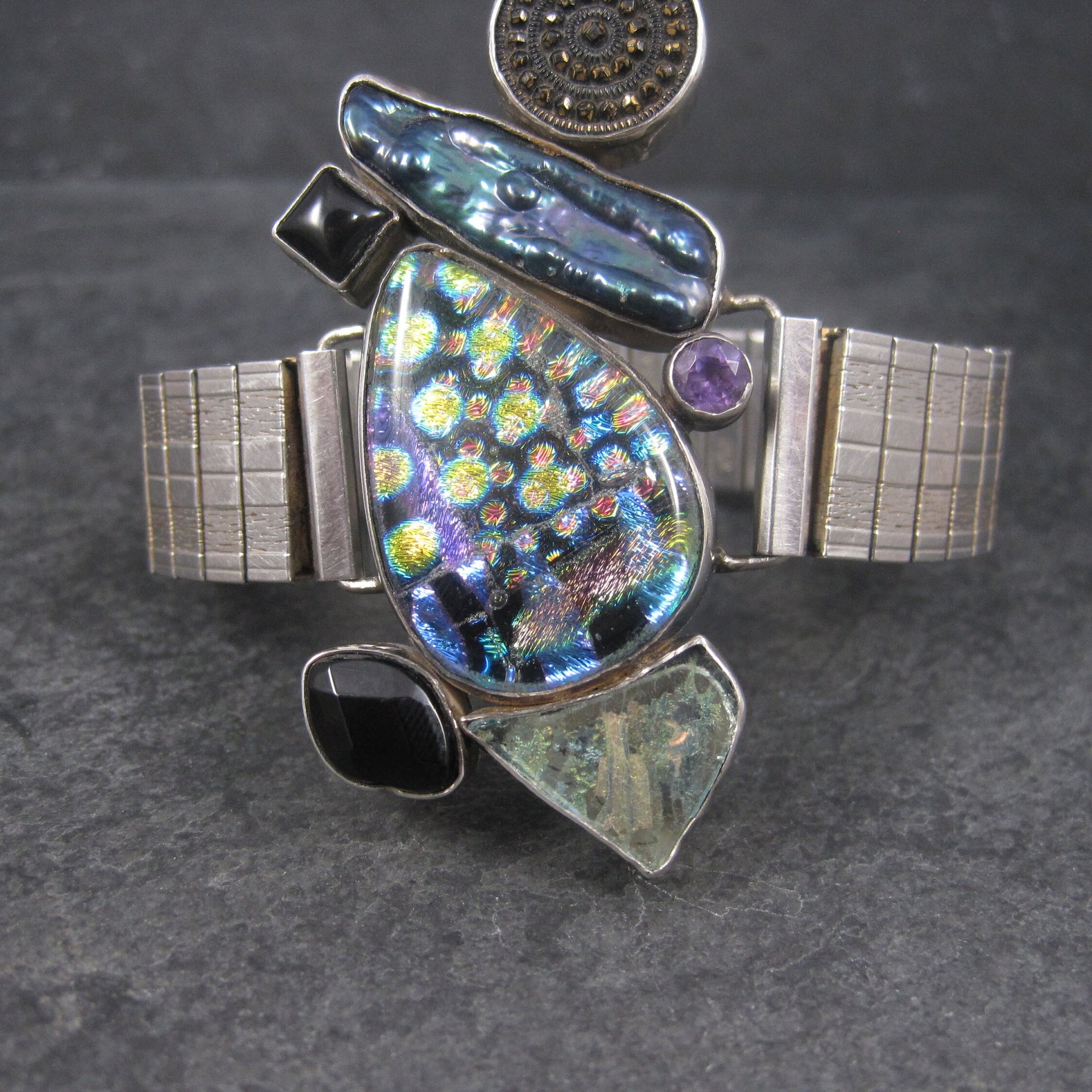 Huge Estate Designer Art Glass Gemstone Biwa Pearl Bracelet