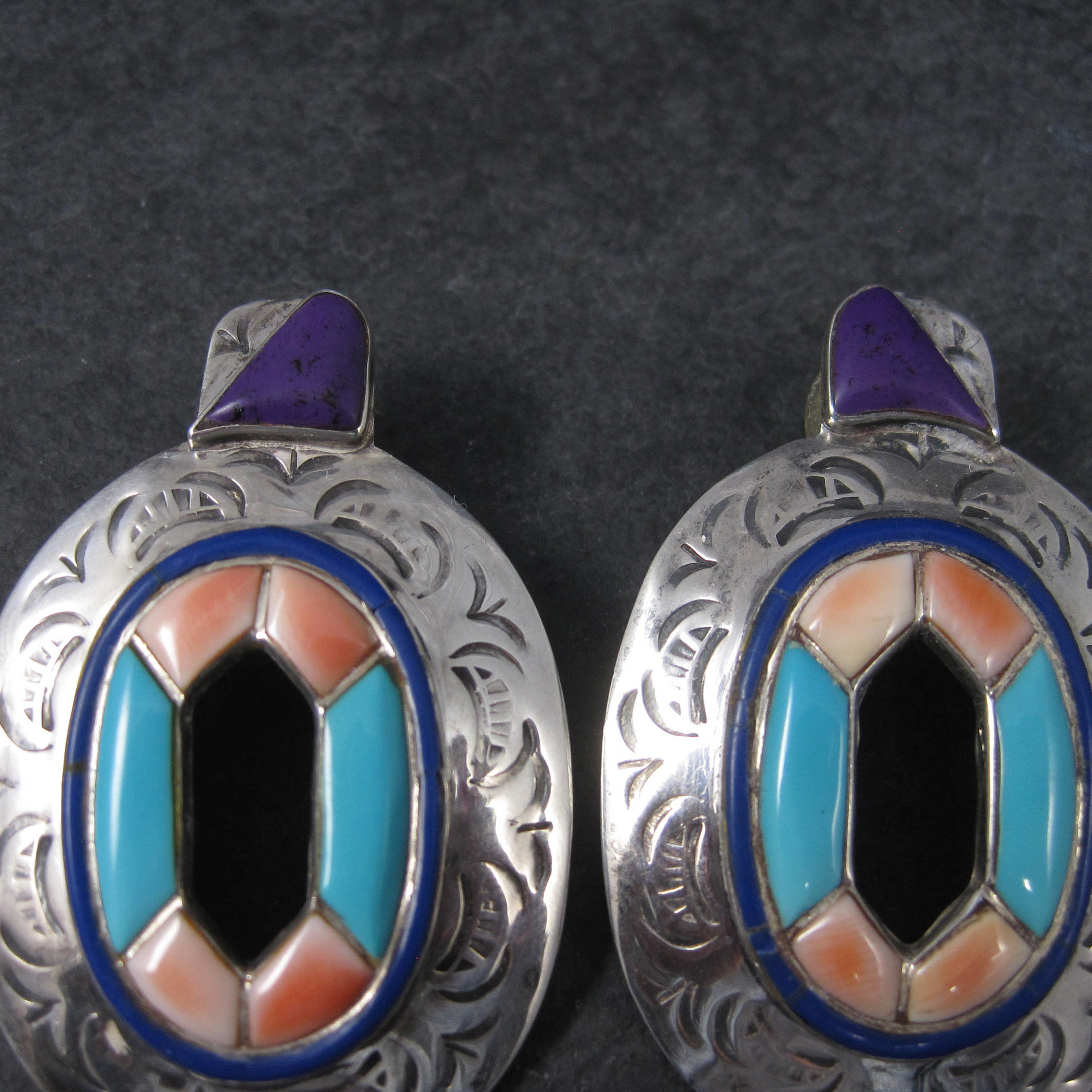 Large Vintage Southwestern Earrings with Turquoise Sugilite and Spiny Oyster Inlay | Bold Sterling Silver Statement Jewelry