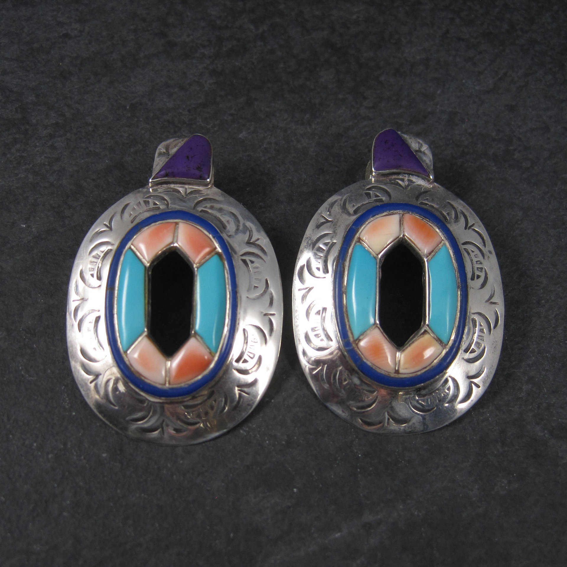 Large Vintage Southwestern Earrings with Turquoise Sugilite and Spiny Oyster Inlay | Bold Sterling Silver Statement Jewelry
