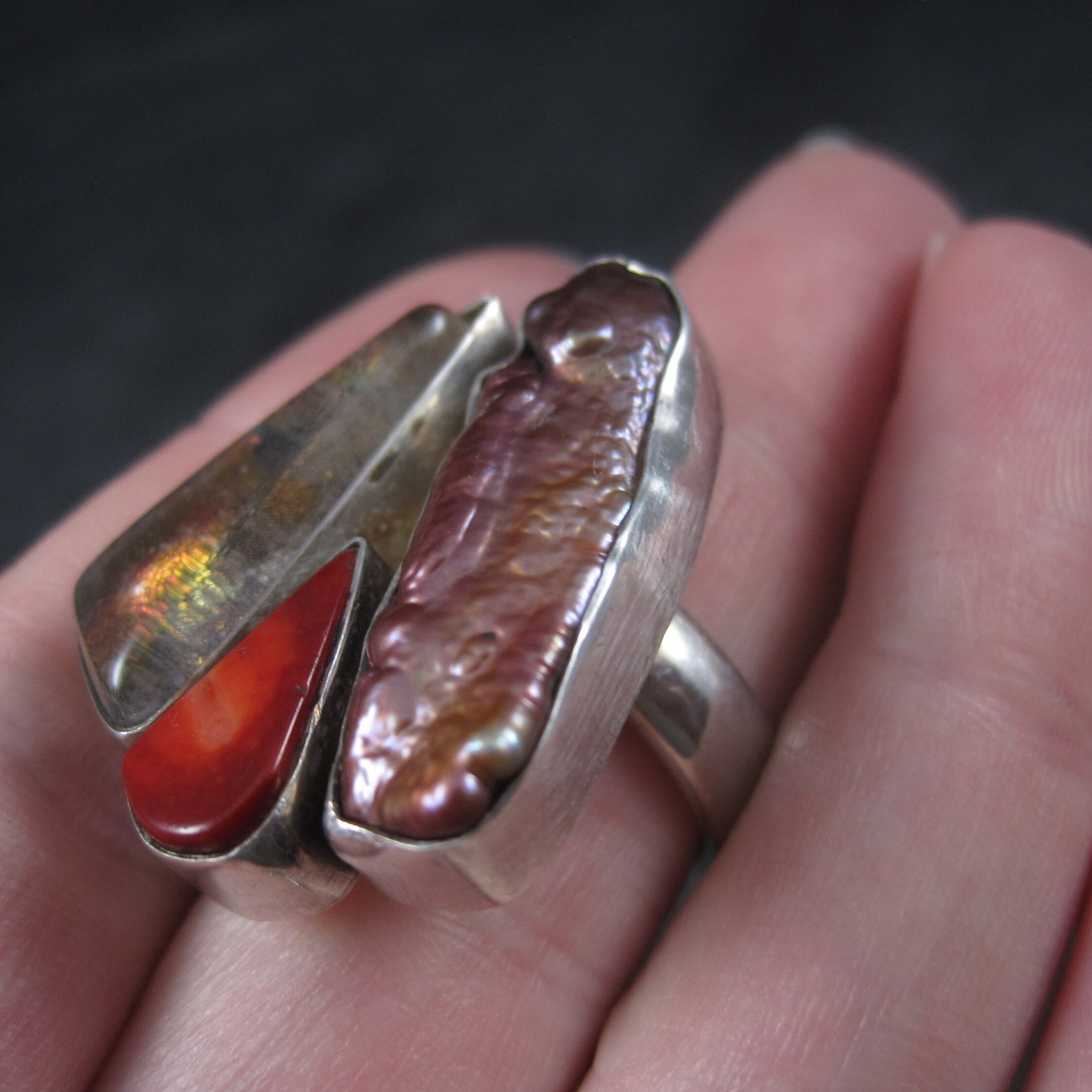 Estate Designer Sterling Biwa Pearl Art Glass Ring Size 7-8