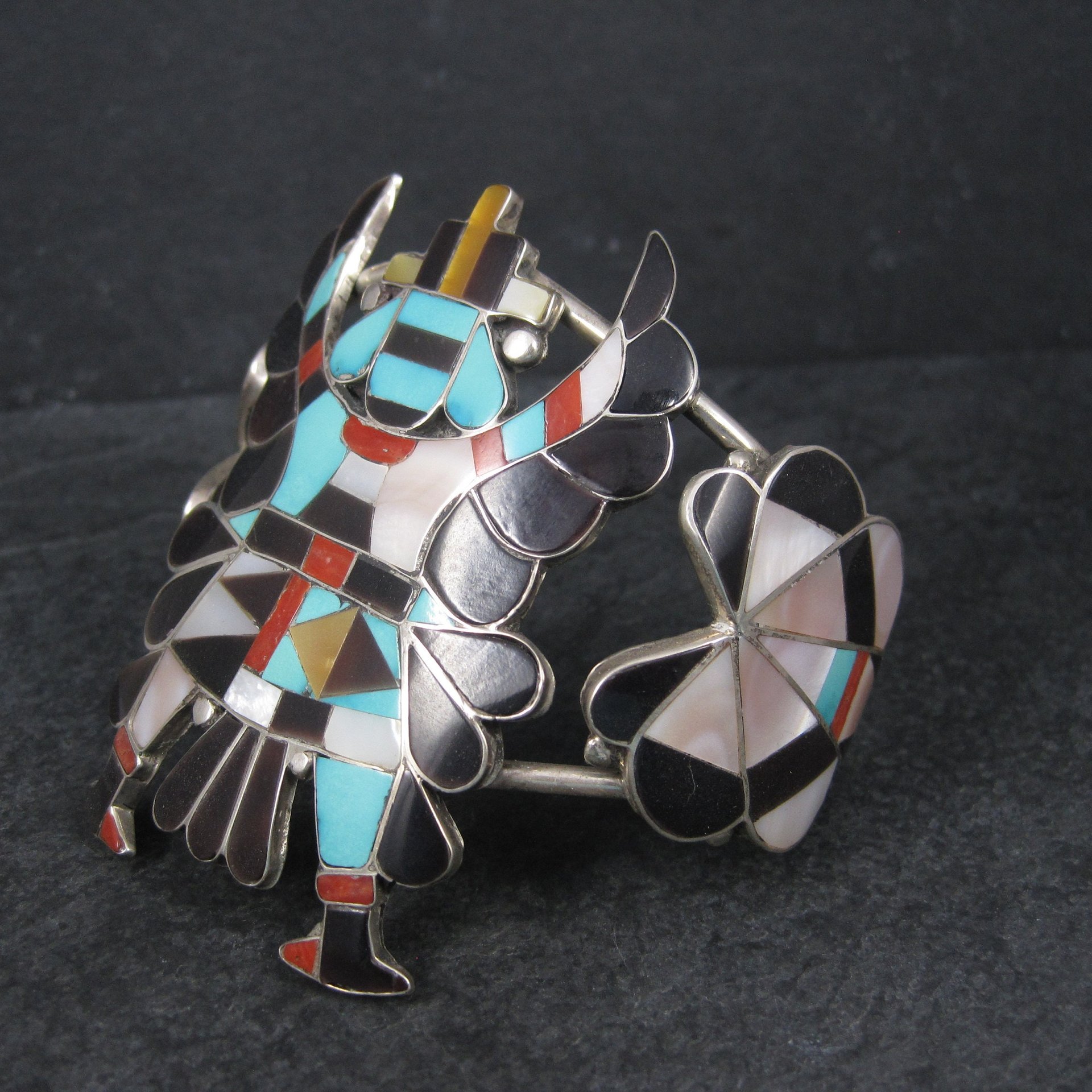 Vintage Zuni Turquoise Coral Inlay Knifewing Cuff Bracelet Annalee Tekala