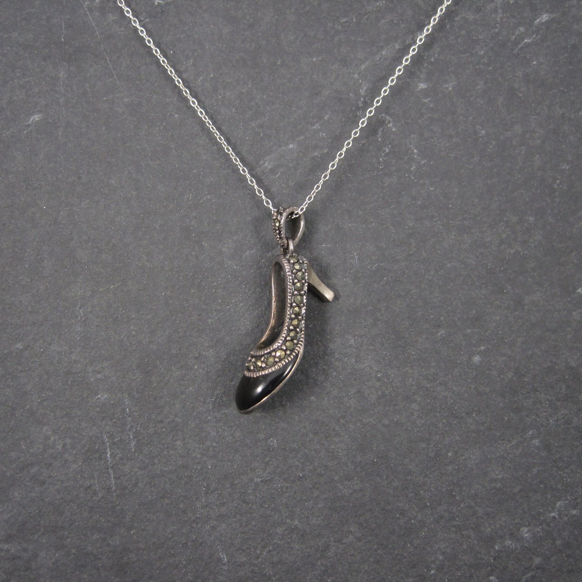 Vintage Sterling Onyx Marcasite High Heel Shoe Pendant Necklace
