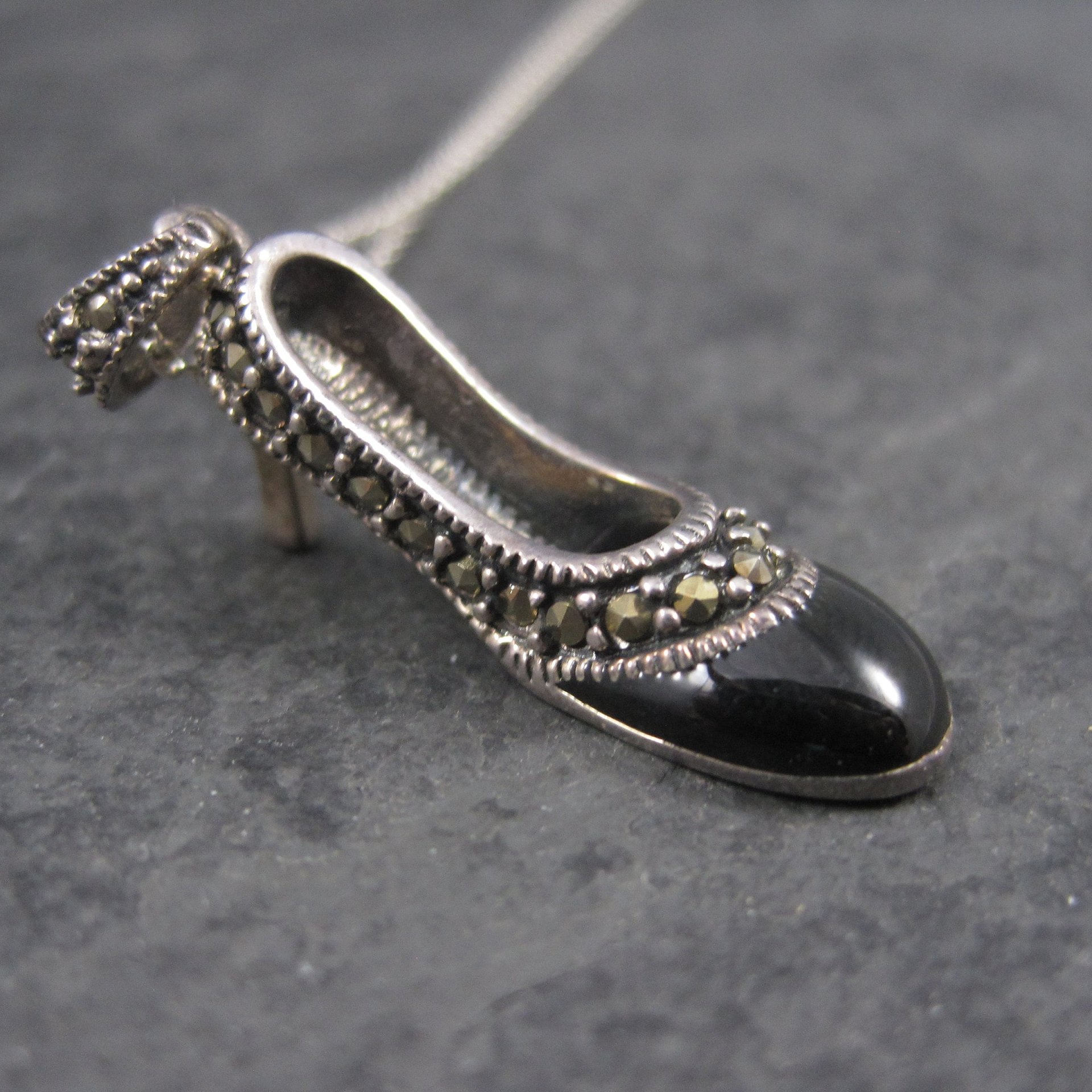 Vintage Sterling Onyx Marcasite High Heel Shoe Pendant Necklace