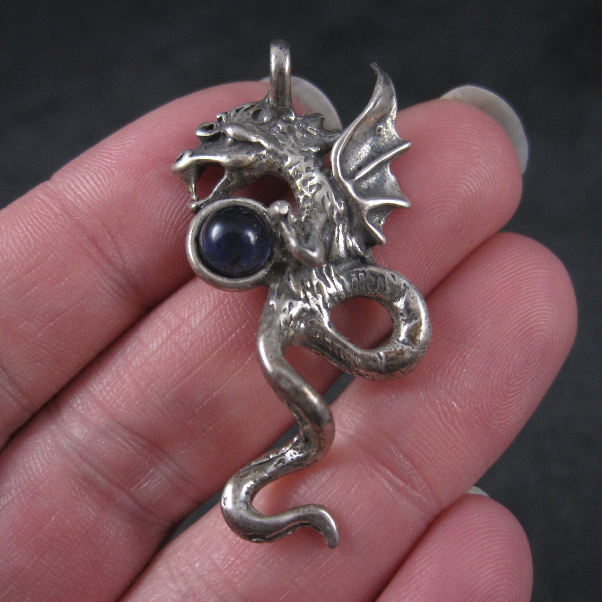 Vintage Sterling Iolite Winged Dragon Pendant
