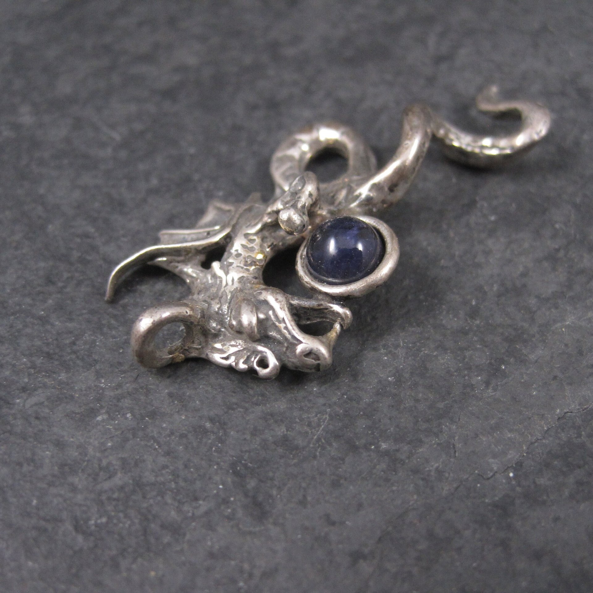 Vintage Sterling Iolite Winged Dragon Pendant