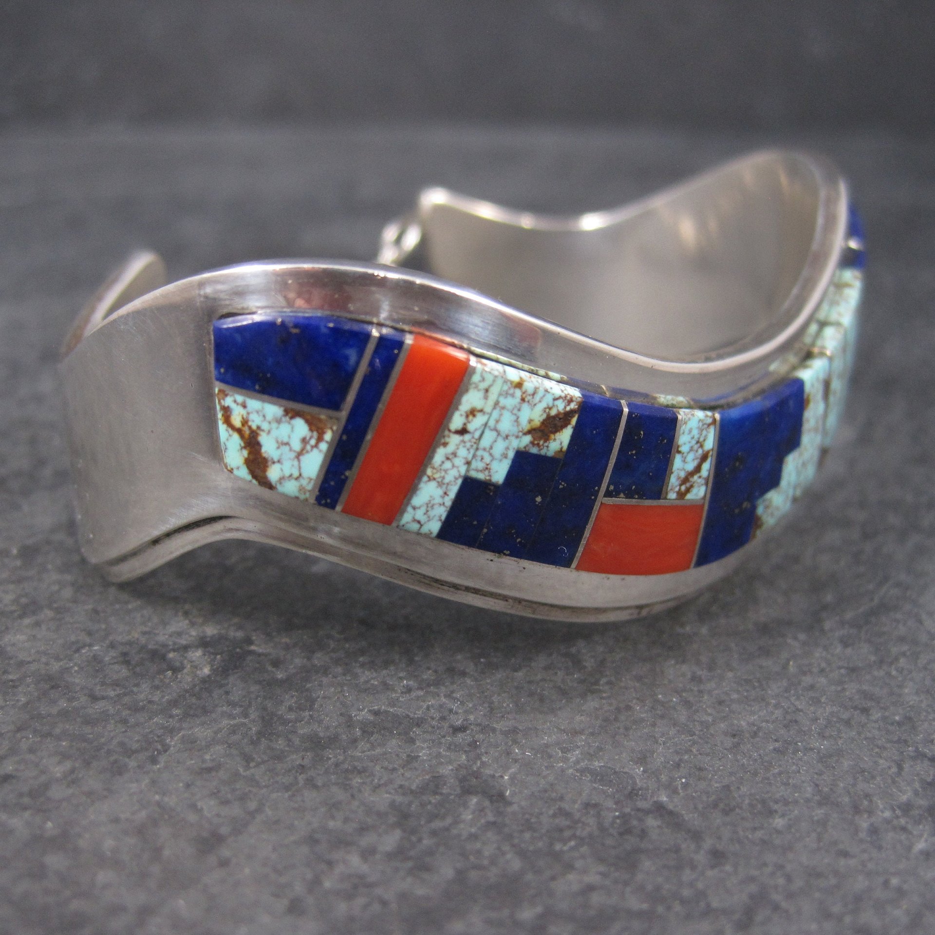 Vintage Navajo Lapis Coral Turquoise Inlay Cuff Bracelet 6 Inches Muskett